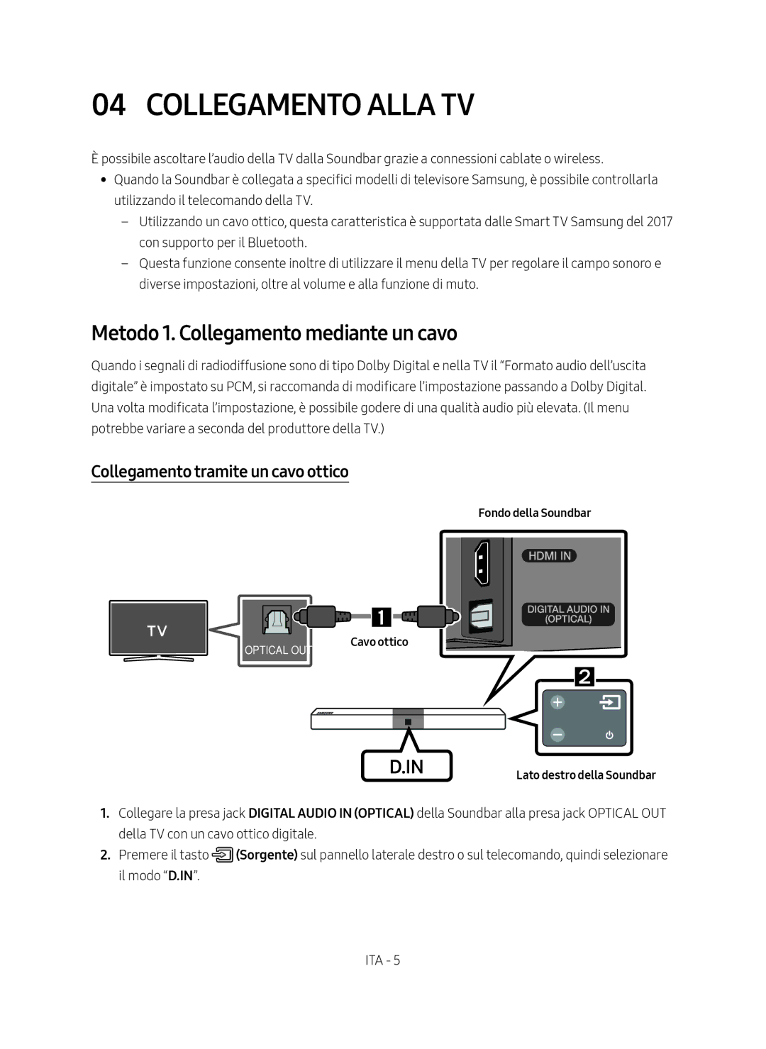 Samsung HW-N400/ZG Collegamento Alla TV, Metodo 1. Collegamento mediante un cavo, Collegamento tramite un cavo ottico 