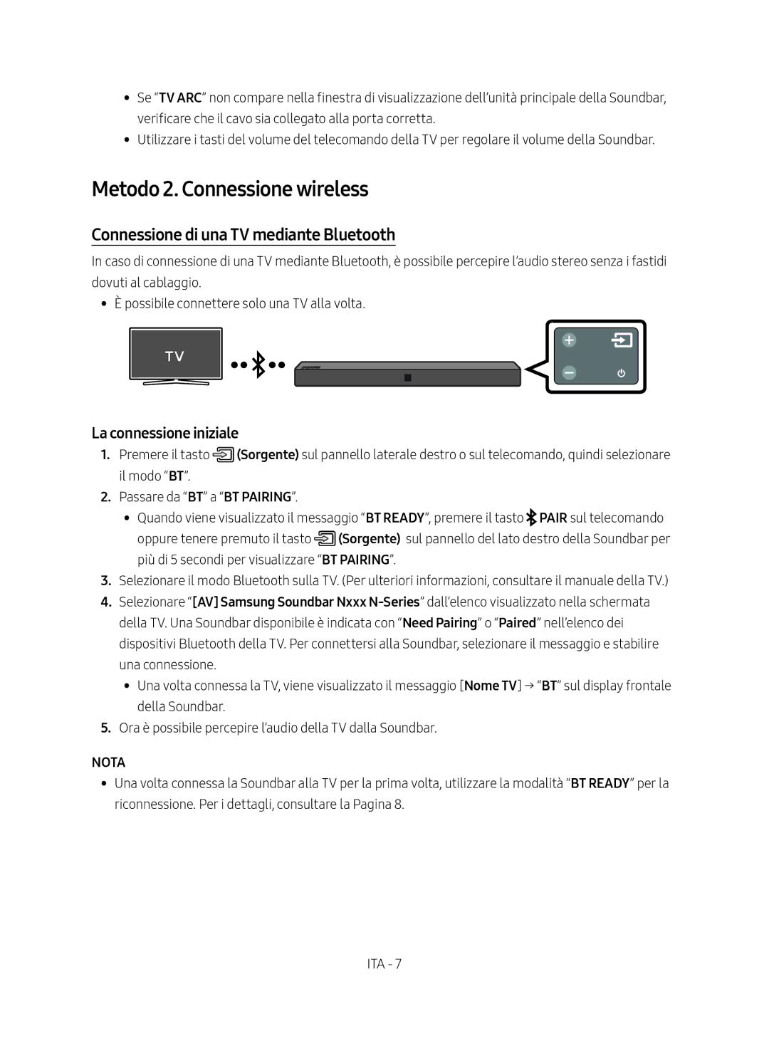 Samsung HW-N400/ZG Metodo 2. Connessione wireless, Connessione di una TV mediante Bluetooth, La connessione iniziale, Nota 