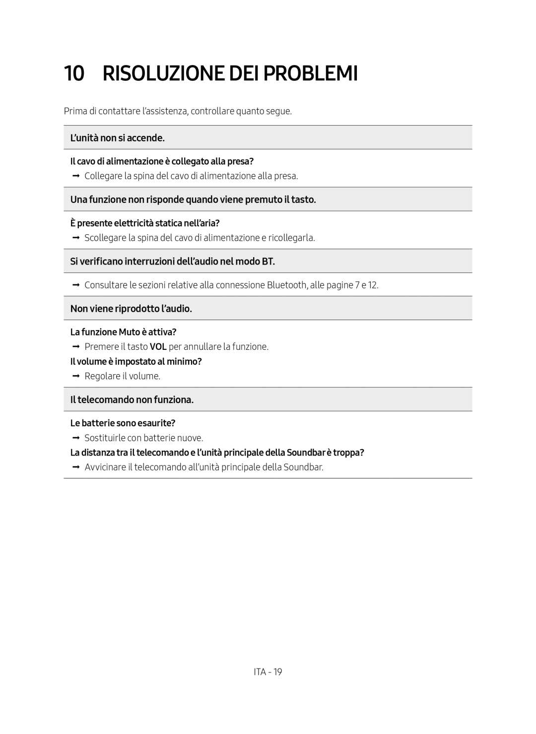 Samsung HW-N400/ZG manual Risoluzione DEI Problemi, ’unità non si accende 