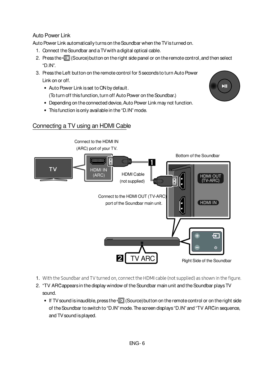 Samsung HW-N410/XE manual Connecting a TV using an Hdmi Cable, Auto Power Link, ARC Hdmi Cable not supplied 