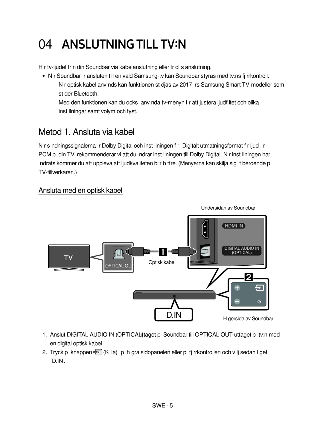 Samsung HW-N410/XE manual Anslutning Till TVN, Metod 1. Ansluta via kabel, Ansluta med en optisk kabel 