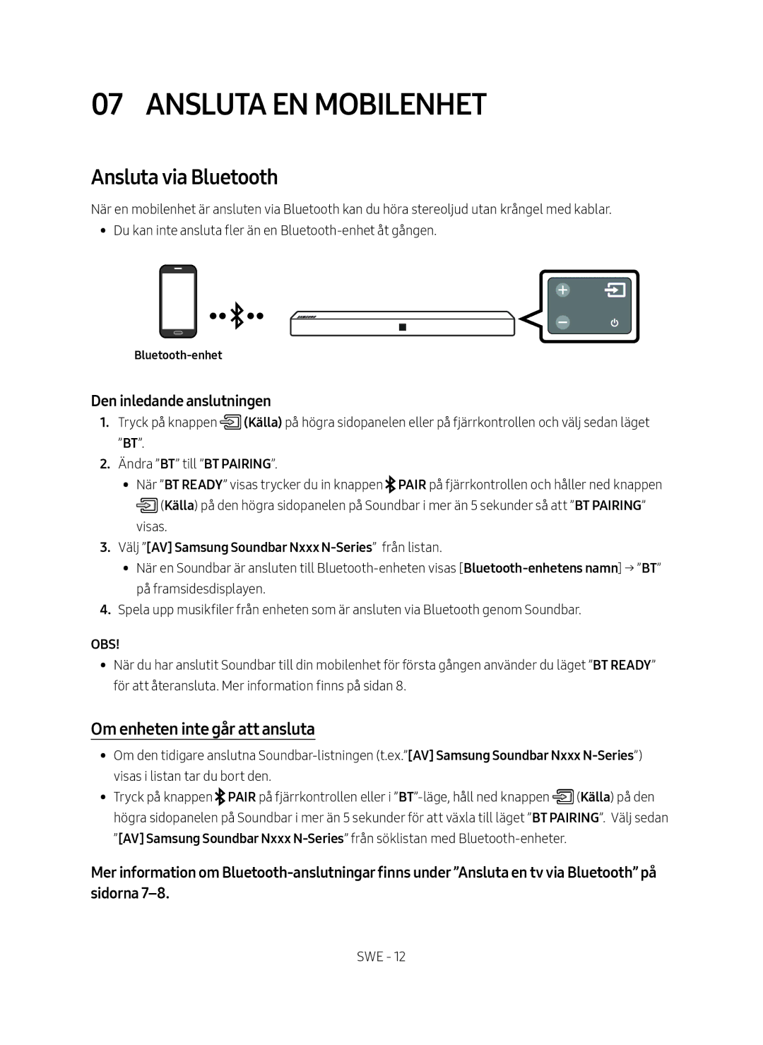 Samsung HW-N410/XE manual Ansluta EN Mobilenhet, Ansluta via Bluetooth, Om enheten inte går att ansluta 