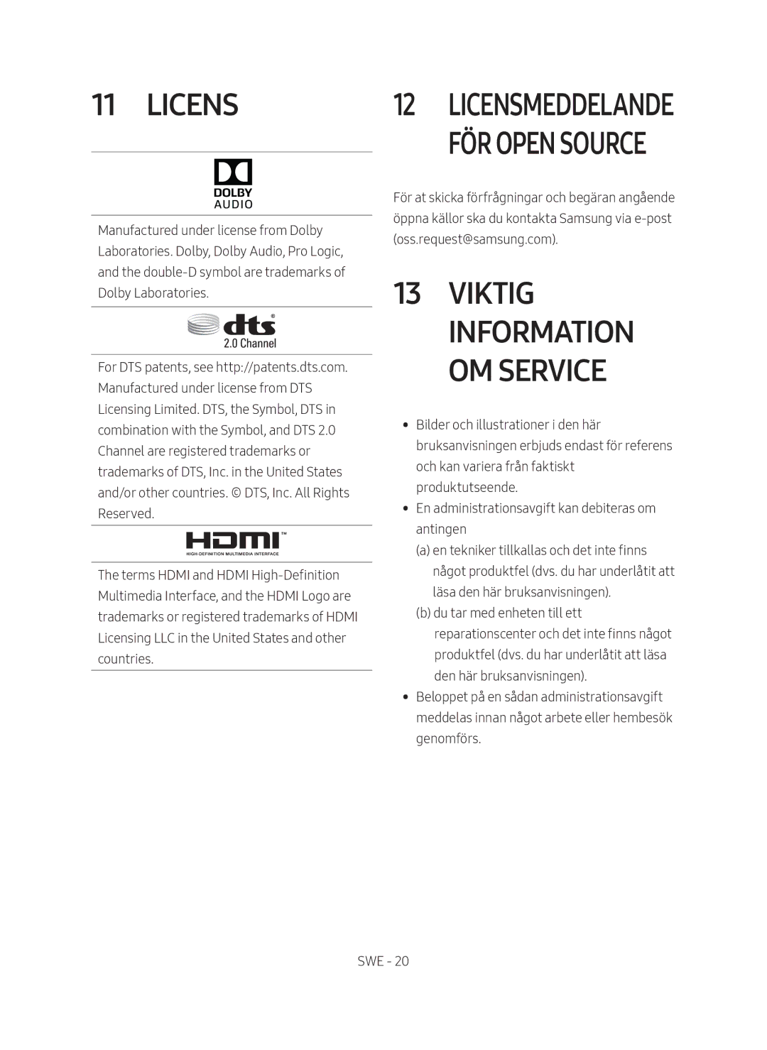 Samsung HW-N410/XE manual Viktig Information OM Service 