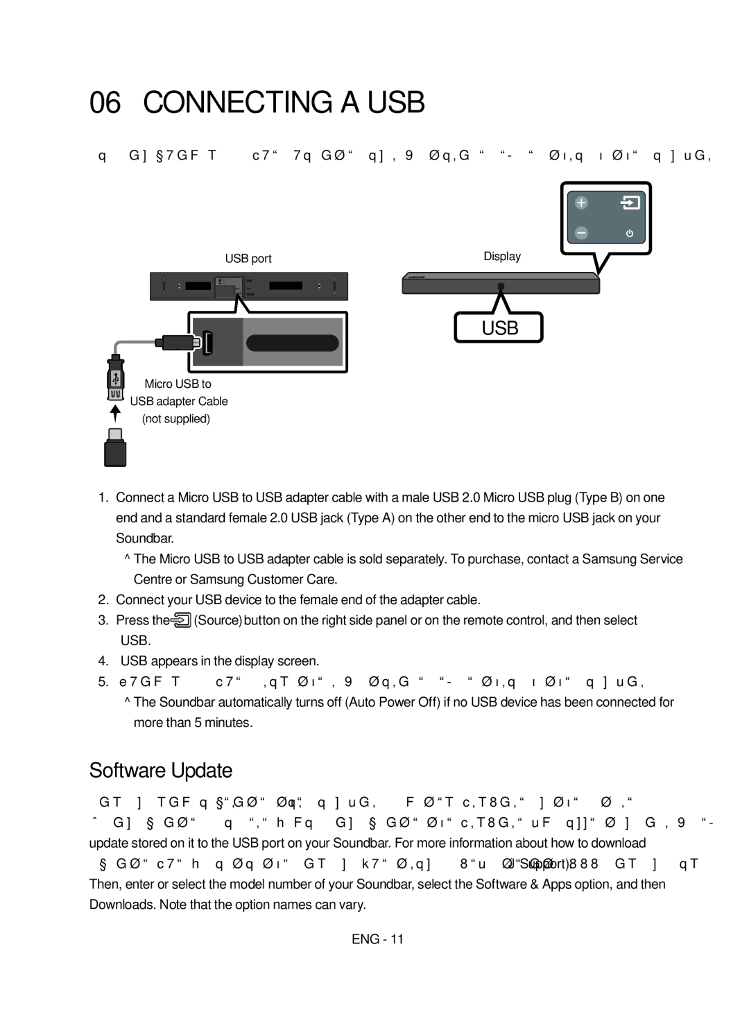 Samsung HW-N410/XE manual Connecting a USB, Software Update, USB portDisplay, Micro USB to USB adapter Cable Not supplied 