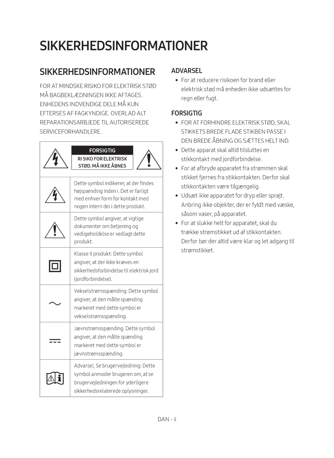 Samsung HW-N410/XE manual Sikkerhedsinformationer 