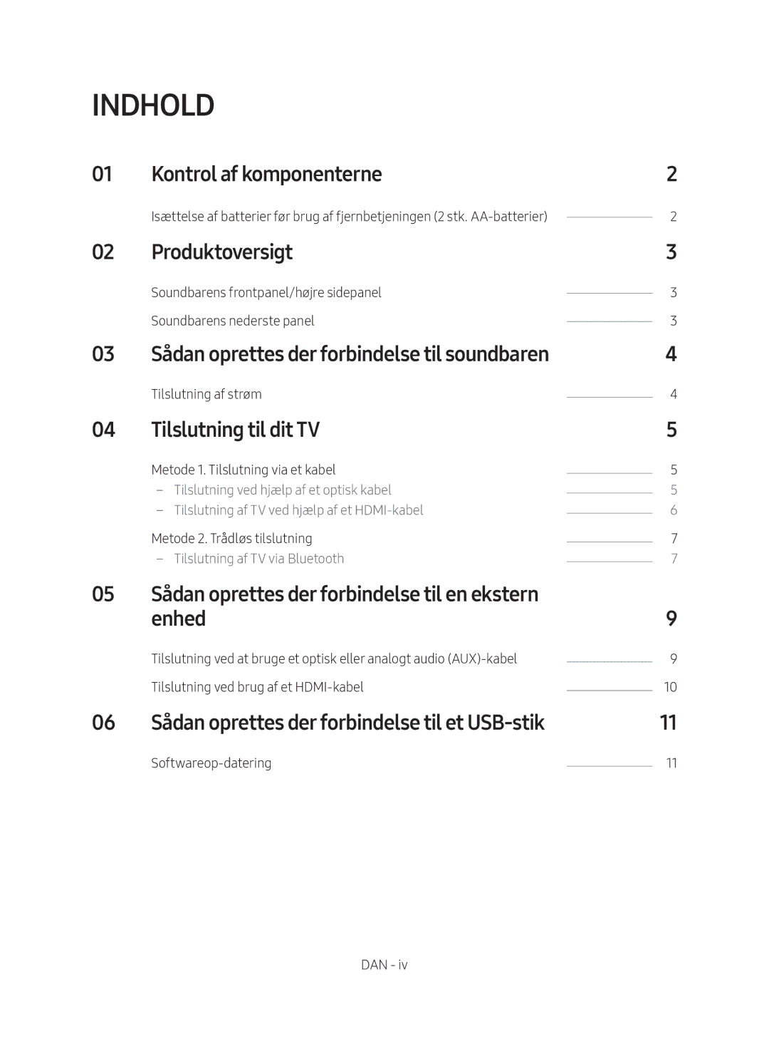 Samsung HW-N410/XE manual Indhold, Kontrol af komponenterne, Produktoversigt, Tilslutning til dit TV, Enhed 