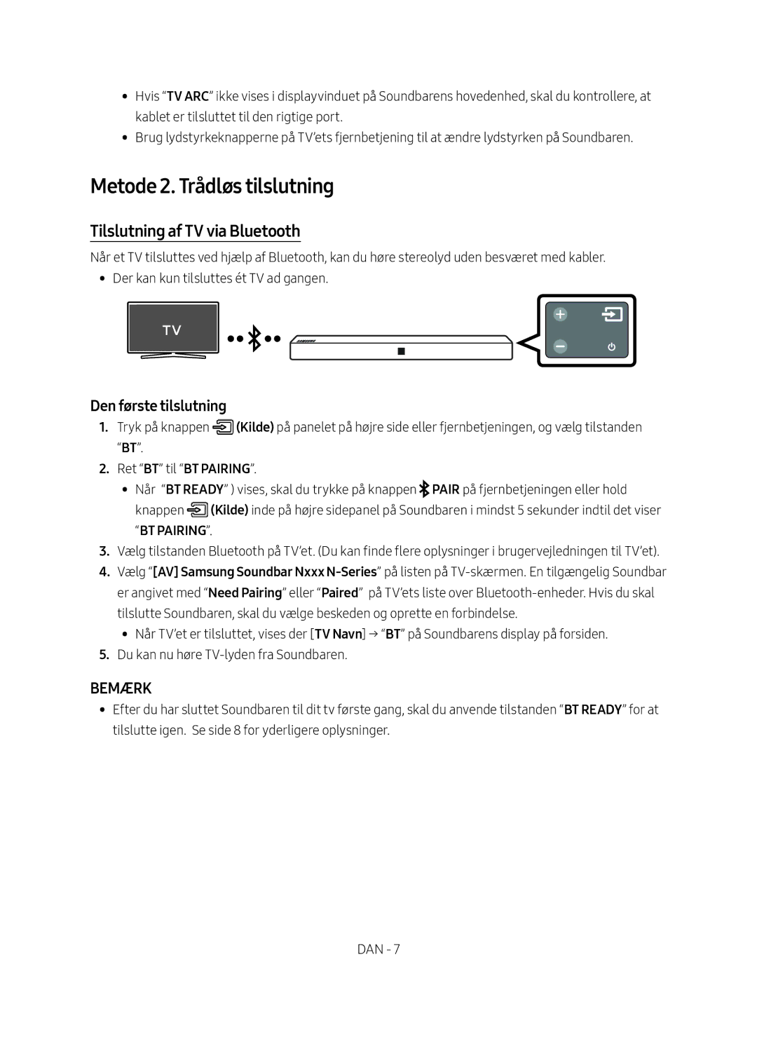 Samsung HW-N410/XE manual Metode 2. Trådløs tilslutning, Tilslutning af TV via Bluetooth, Den første tilslutning 