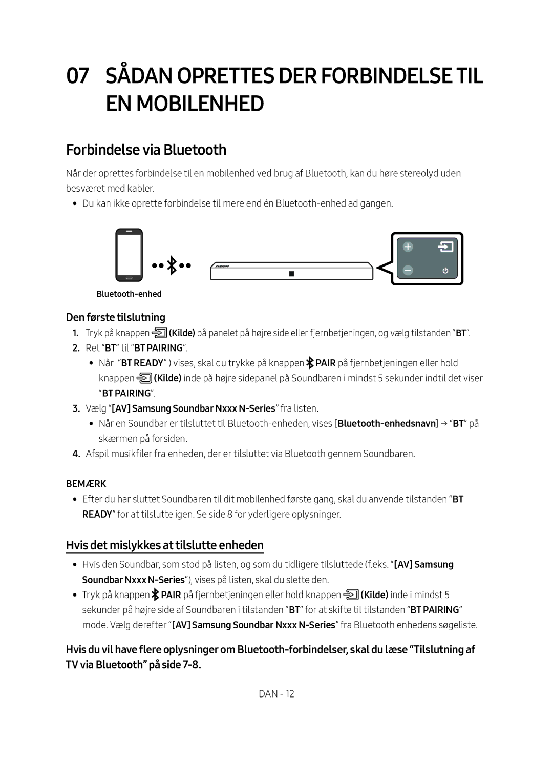 Samsung HW-N410/XE manual Forbindelse via Bluetooth, Hvis det mislykkes at tilslutte enheden, Bemærk, Bluetooth-enhed 