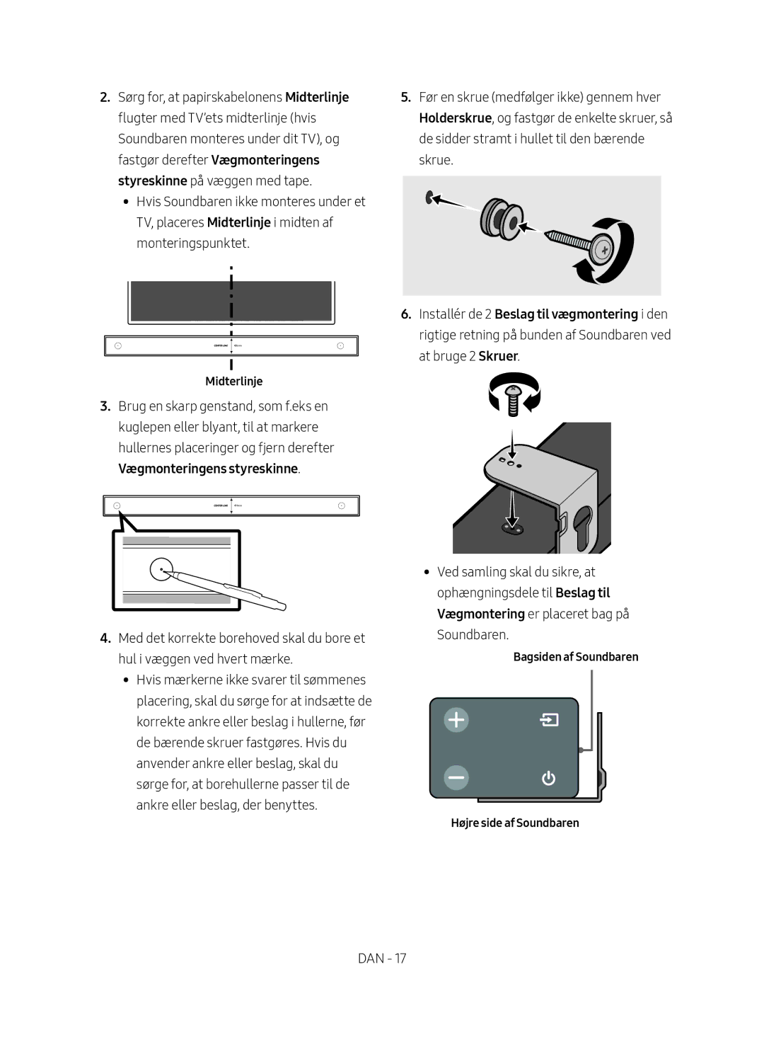 Samsung HW-N410/XE manual Midterlinje, Bagsiden af Soundbaren Højre side af Soundbaren 