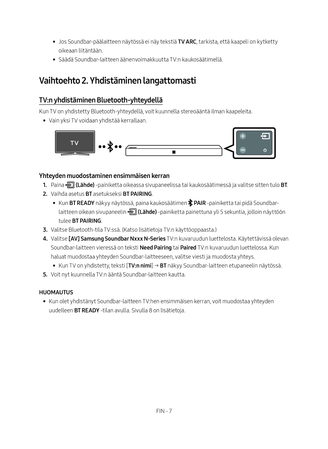 Samsung HW-N410/XE manual Vaihtoehto 2. Yhdistäminen langattomasti, TVn yhdistäminen Bluetooth-yhteydellä, Huomautus 