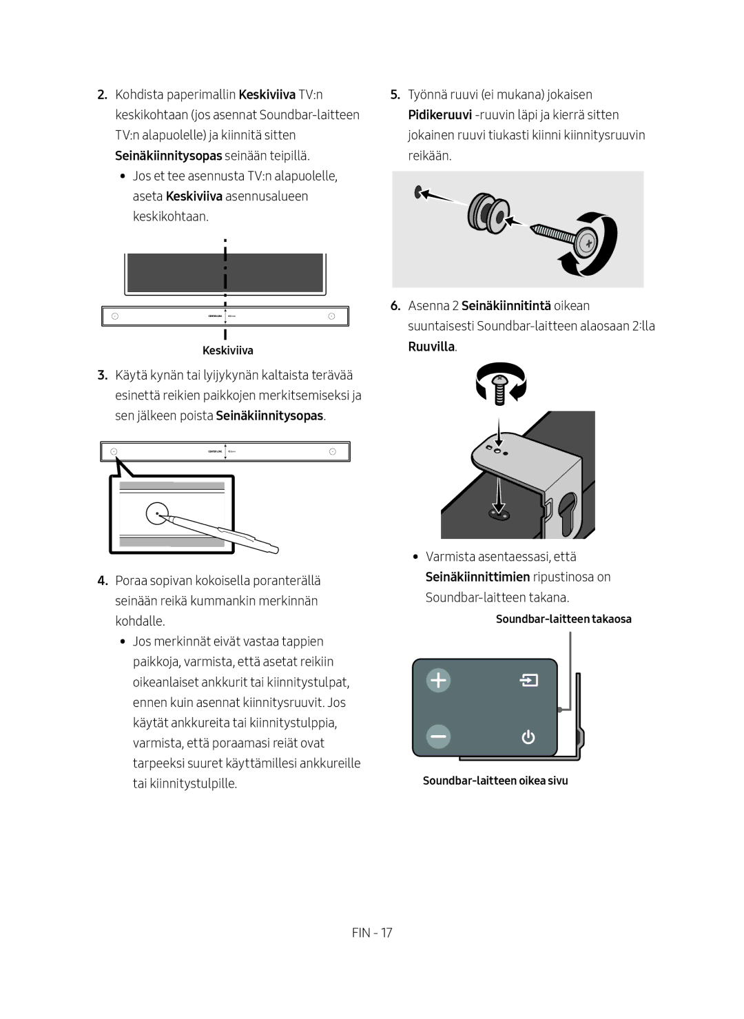 Samsung HW-N410/XE manual Keskiviiva, Soundbar-laitteen takaosa Soundbar-laitteen oikea sivu 