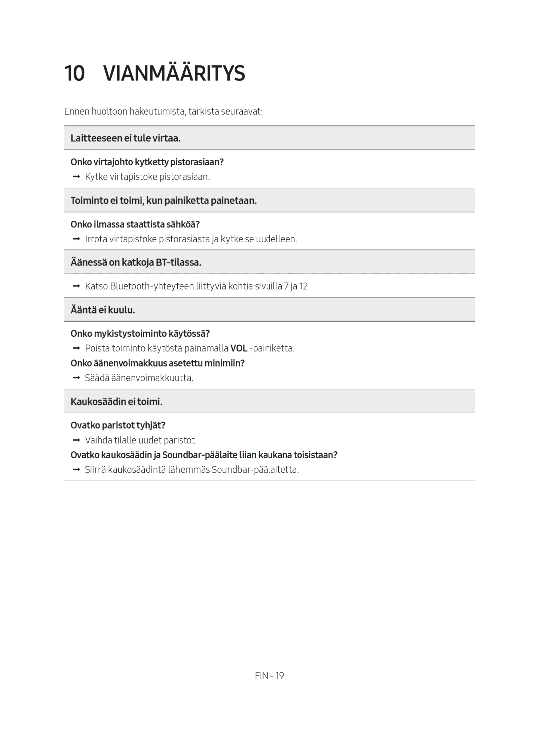 Samsung HW-N410/XE manual Vianmääritys, Ääntä ei kuulu 