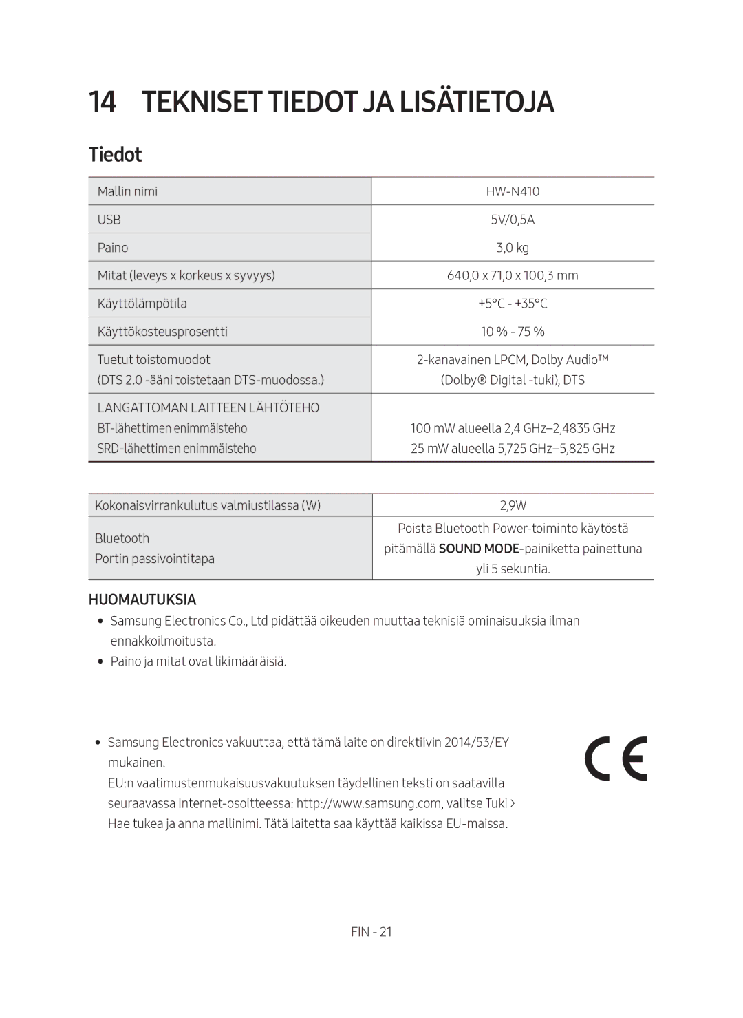 Samsung HW-N410/XE manual Tekniset Tiedot JA Lisätietoja 