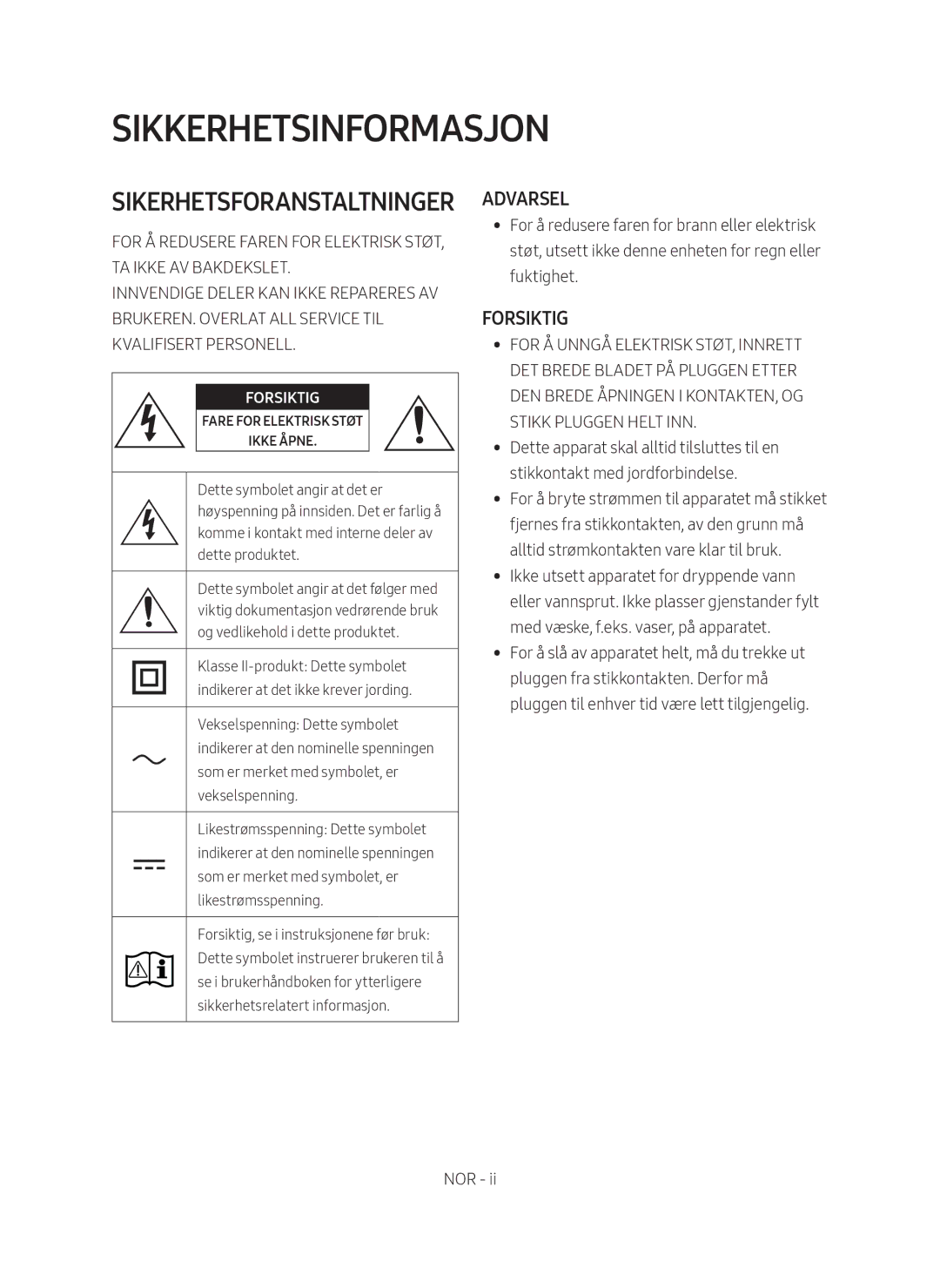 Samsung HW-N410/XE manual Sikkerhetsinformasjon, Sikerhetsforanstaltninger 