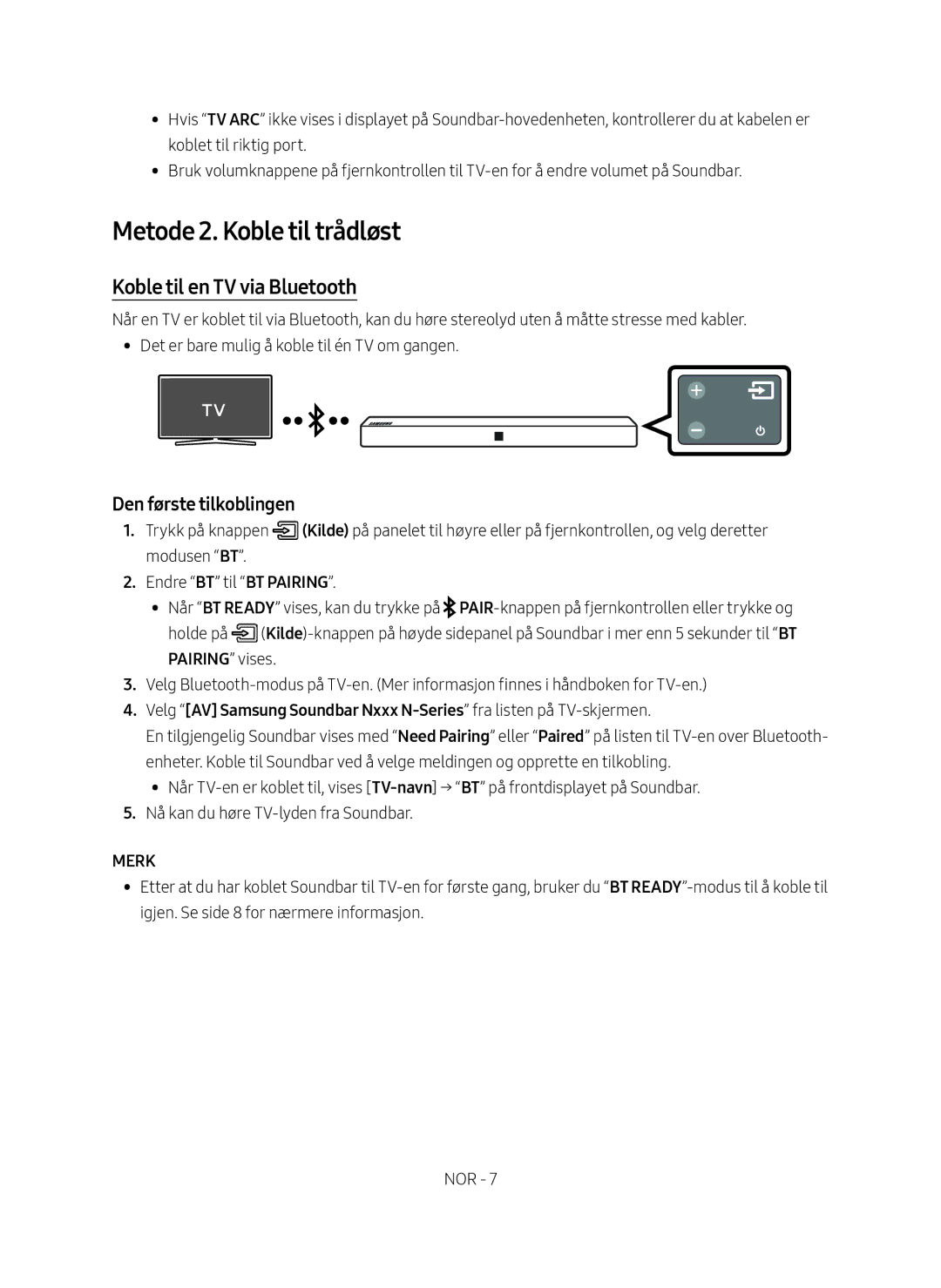 Samsung HW-N410/XE manual Metode 2. Koble til trådløst, Koble til en TV via Bluetooth, Den første tilkoblingen, Merk 