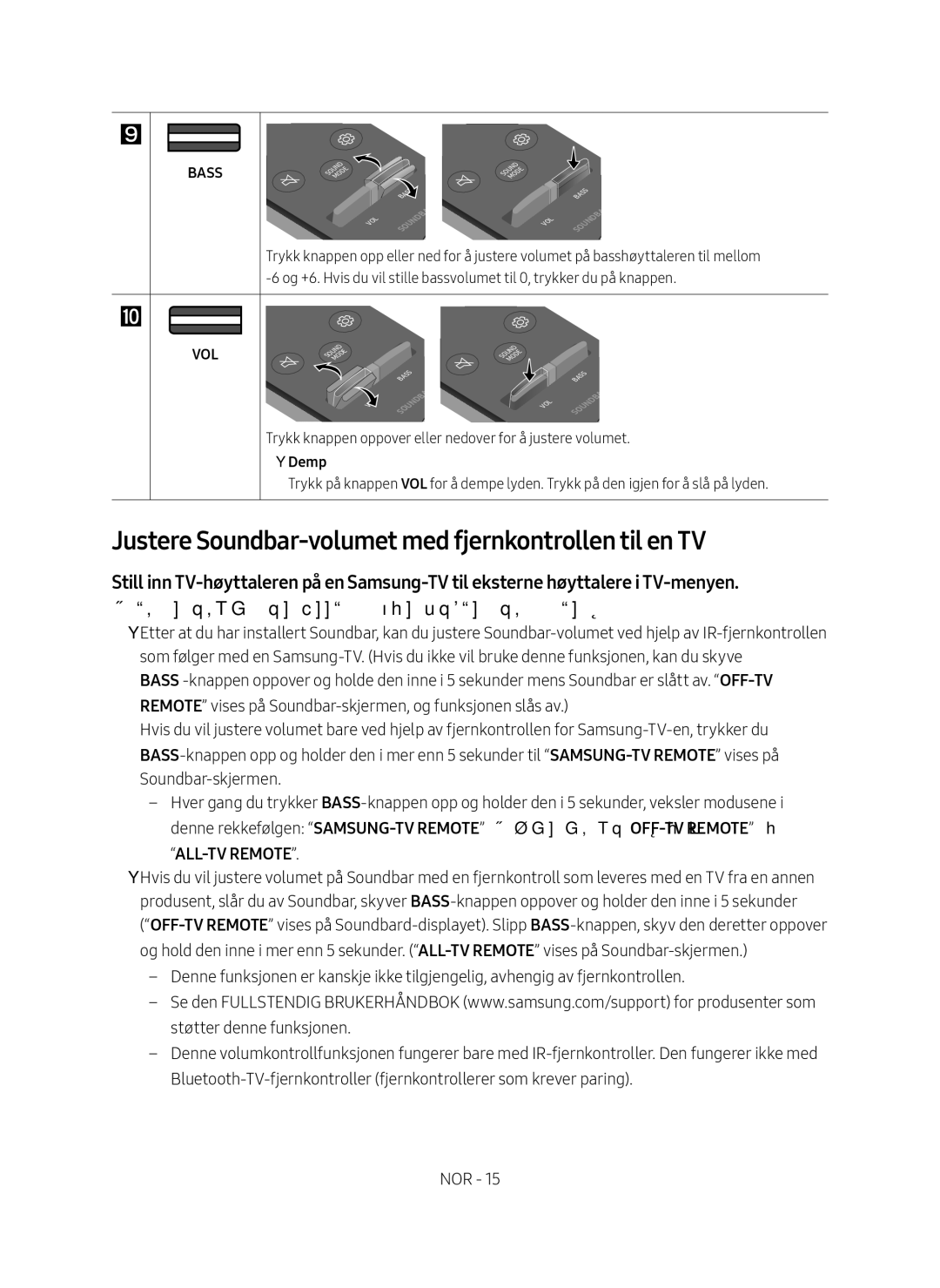 Samsung HW-N410/XE manual Justere Soundbar-volumet med fjernkontrollen til en TV, ALL-TV Remote, Demp 