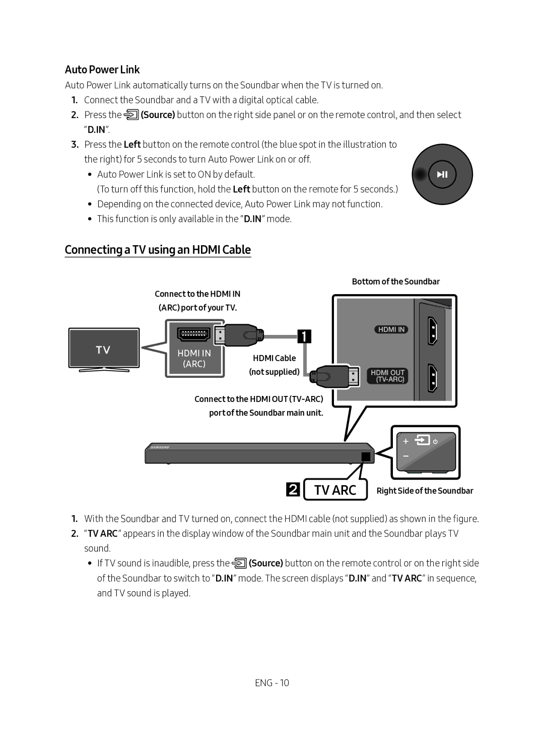 Samsung HW-N450/XN, HW-N450/EN manual Connecting a TV using an Hdmi Cable, Auto Power Link 