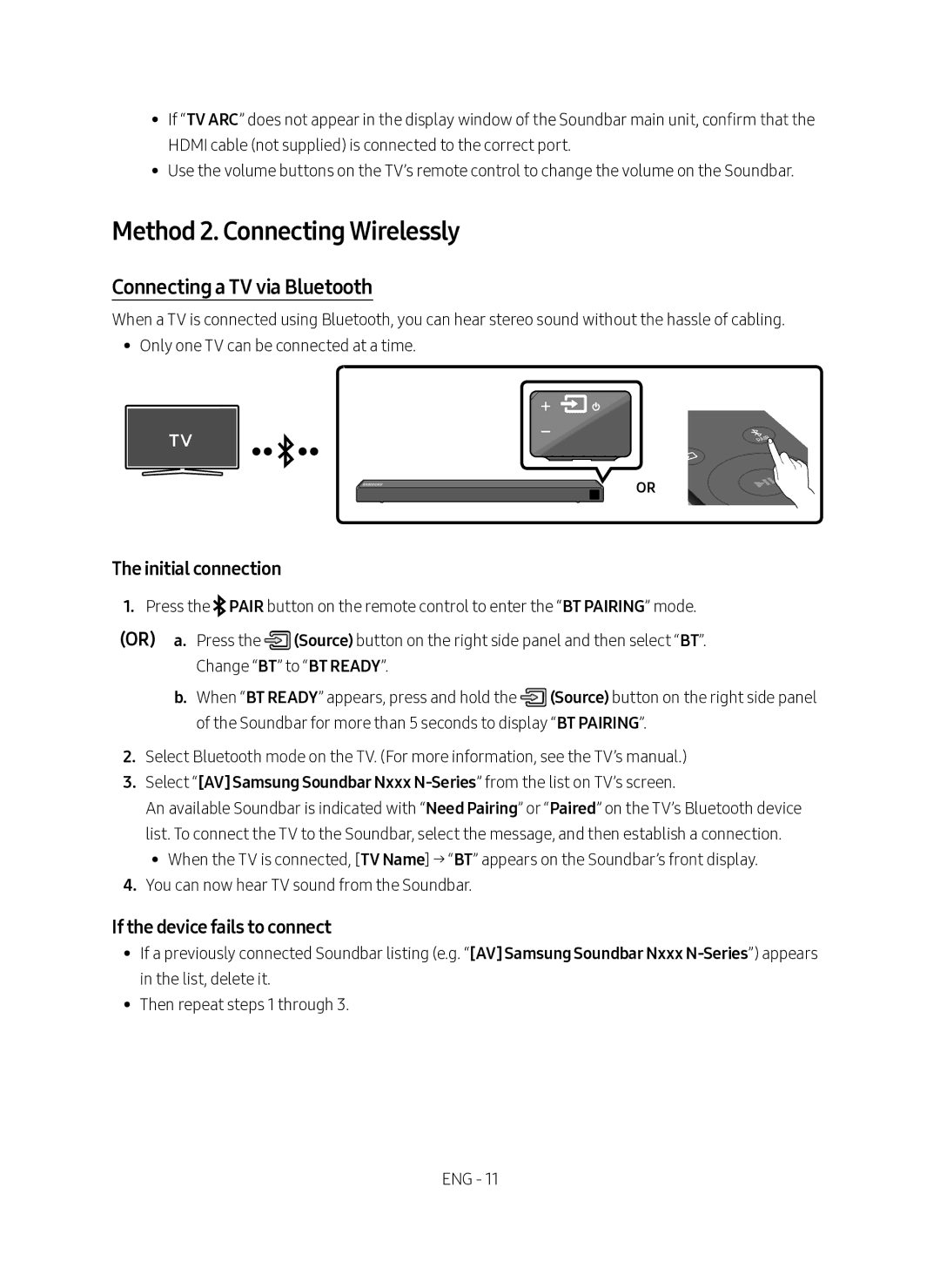 Samsung HW-N450/EN, HW-N450/XN manual Method 2. Connecting Wirelessly, Connecting a TV via Bluetooth, Initial connection 