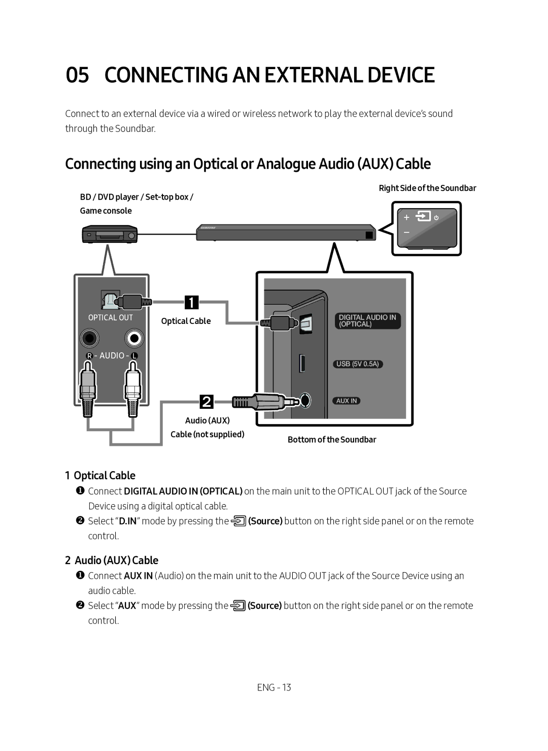 Samsung HW-N450/EN Connecting AN External Device, Connecting using an Optical or Analogue Audio AUX Cable, Optical Cable 