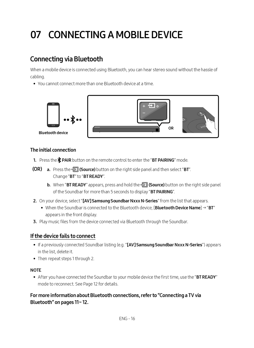 Samsung HW-N450/XN, HW-N450/EN manual Connecting a Mobile Device, Connecting via Bluetooth, If the device fails to connect 