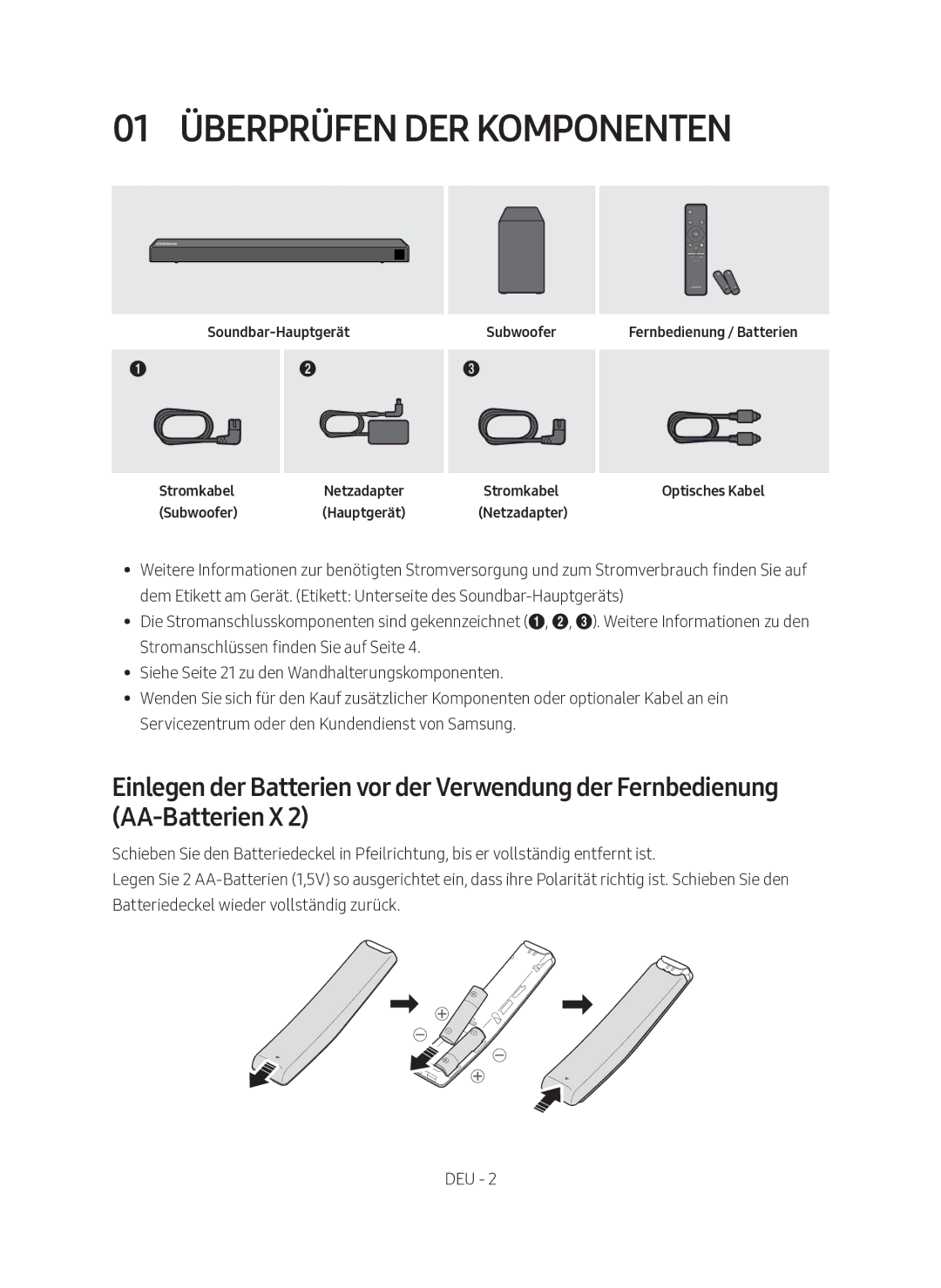 Samsung HW-N450/XN, HW-N450/EN manual 01 Überprüfen DER Komponenten 