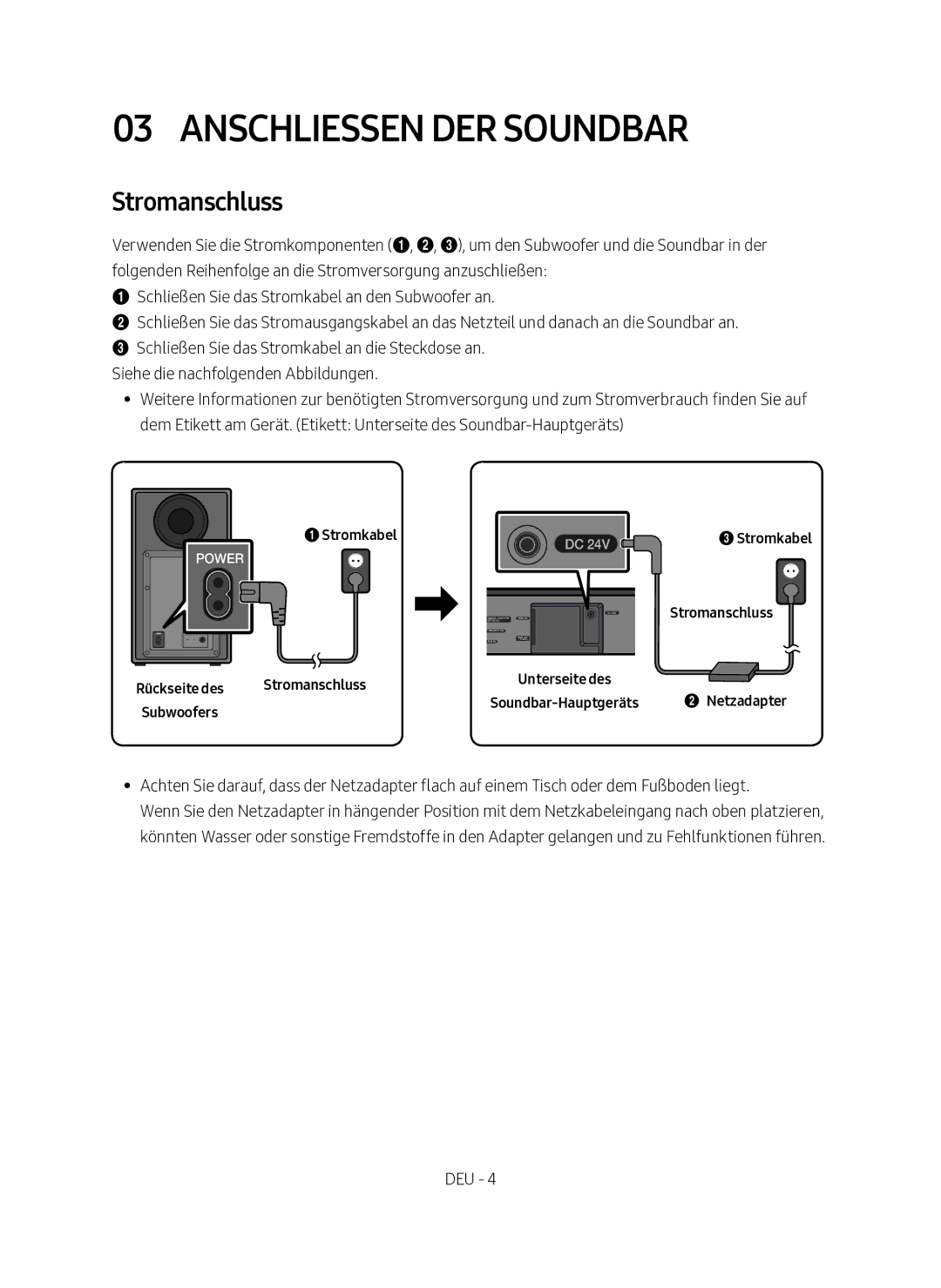 Samsung HW-N450/XN, HW-N450/EN manual Anschliessen DER Soundbar, Stromanschluss 