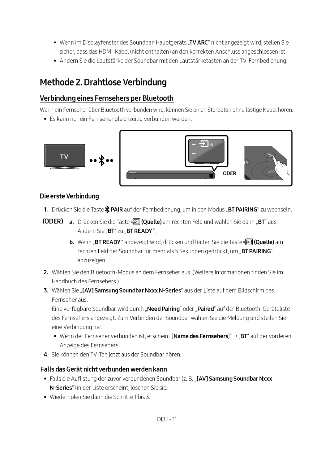 Samsung HW-N450/EN manual Methode 2. Drahtlose Verbindung, Verbindung eines Fernsehers per Bluetooth, Die erste Verbindung 