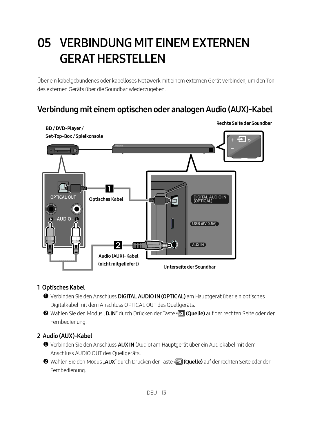 Samsung HW-N450/EN, HW-N450/XN manual Optisches Kabel, Audio AUX-Kabel 