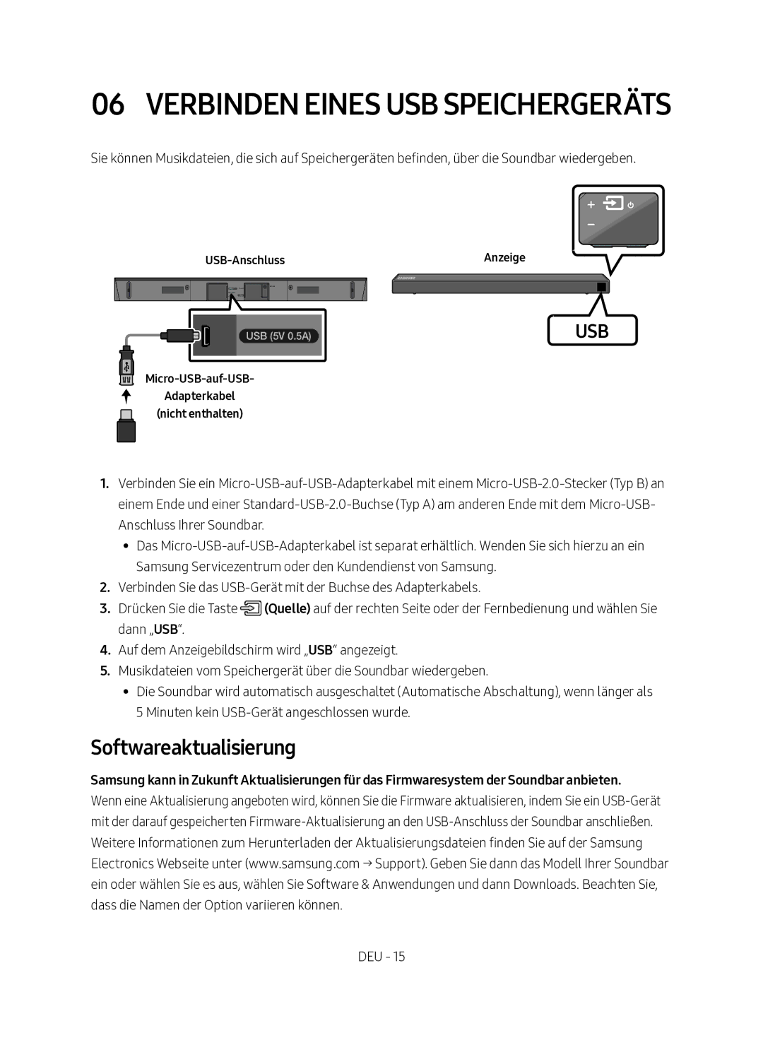 Samsung HW-N450/EN, HW-N450/XN manual Verbinden Eines USB Speichergeräts, Softwareaktualisierung 