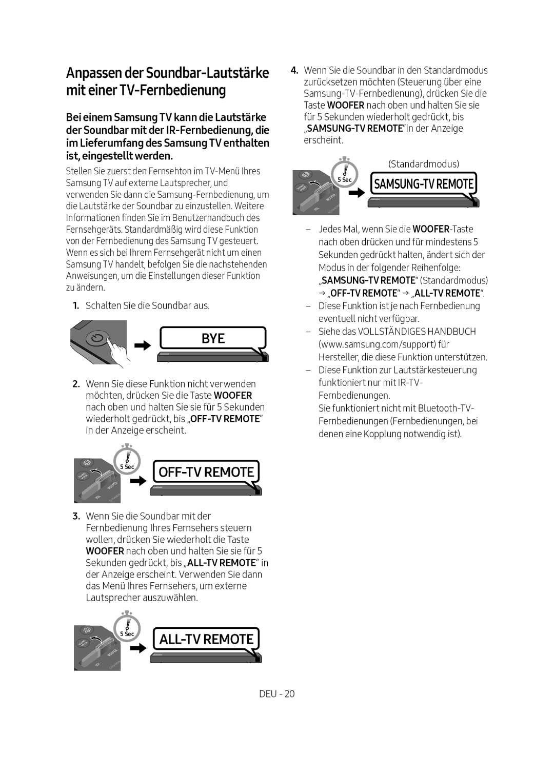 Samsung HW-N450/XN manual Anpassen der Soundbar-Lautstärke mit einer TV-Fernbedienung, → „OFF-TV Remote → „ALL-TV Remote 