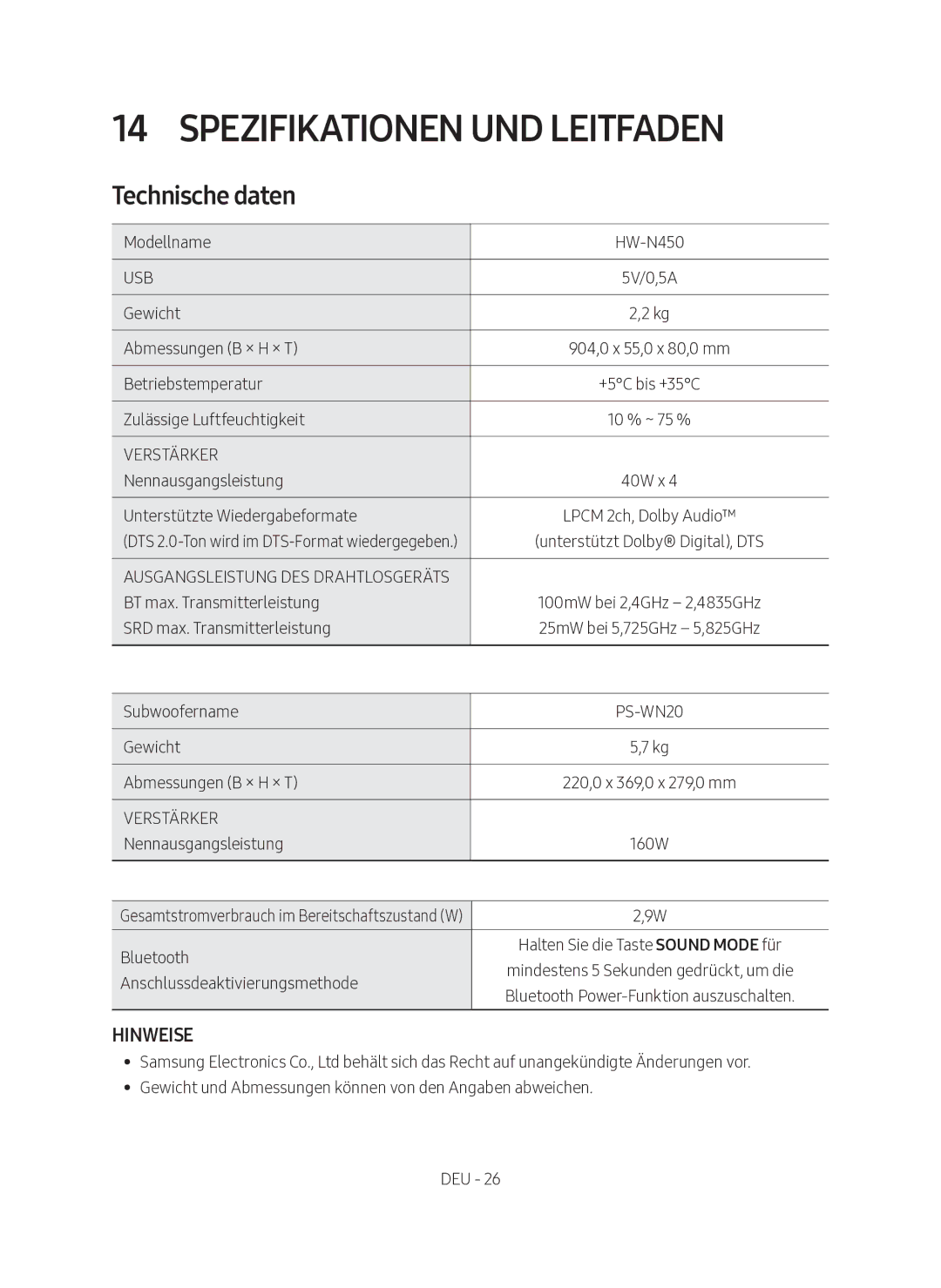 Samsung HW-N450/XN, HW-N450/EN manual Spezifikationen UND Leitfaden, Technische daten 