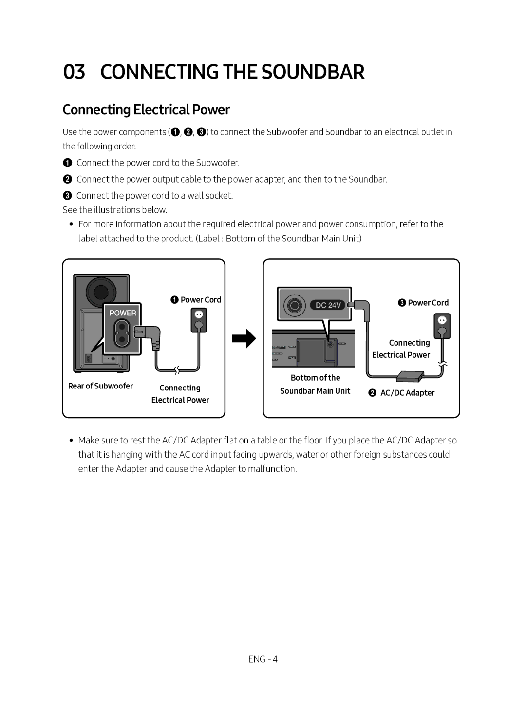 Samsung HW-N450/XN, HW-N450/EN manual Connecting the Soundbar, Connecting Electrical Power 