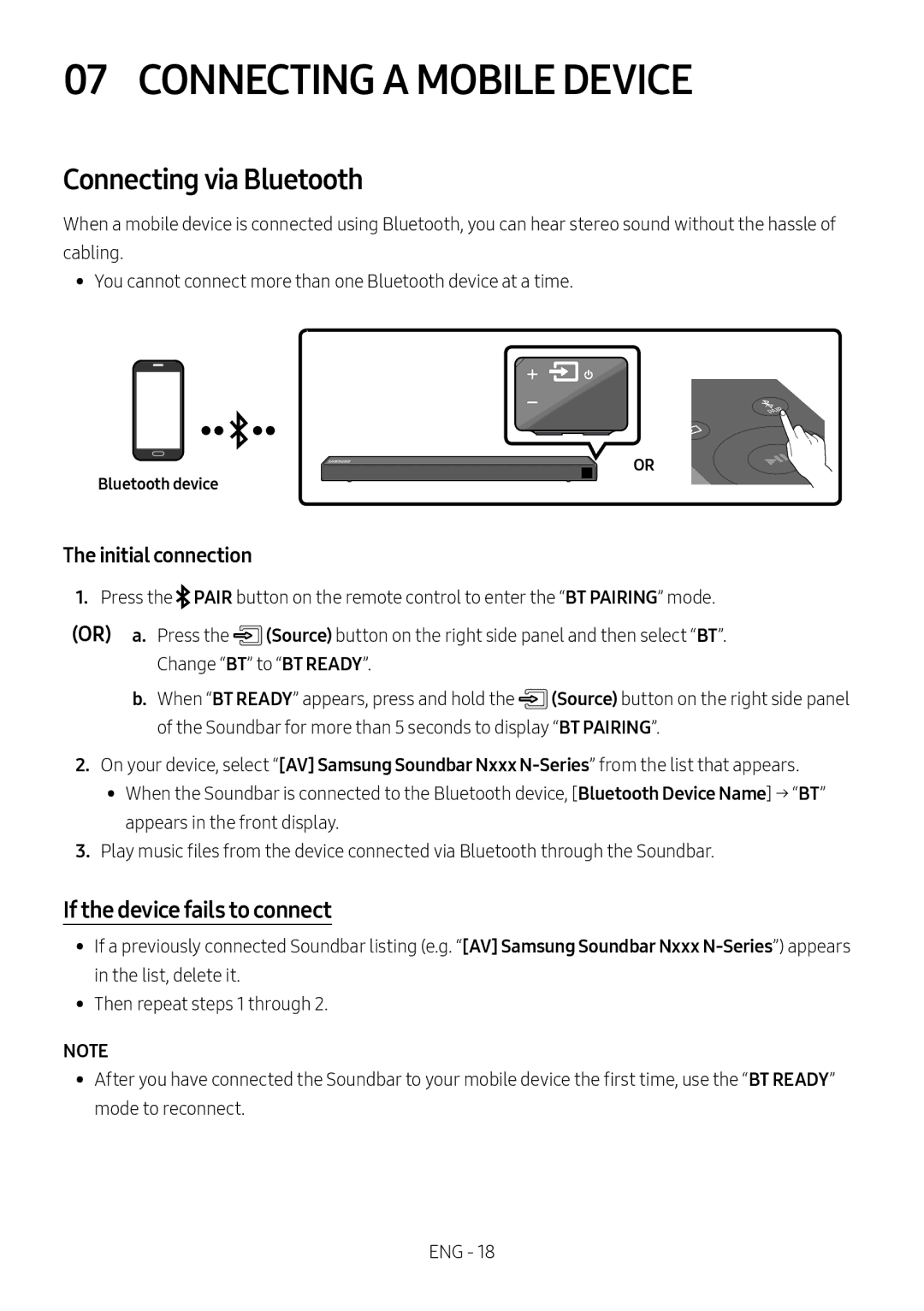 Samsung HW-N450/XV Connecting a Mobile Device, Connecting via Bluetooth, If the device fails to connect, Bluetooth device 