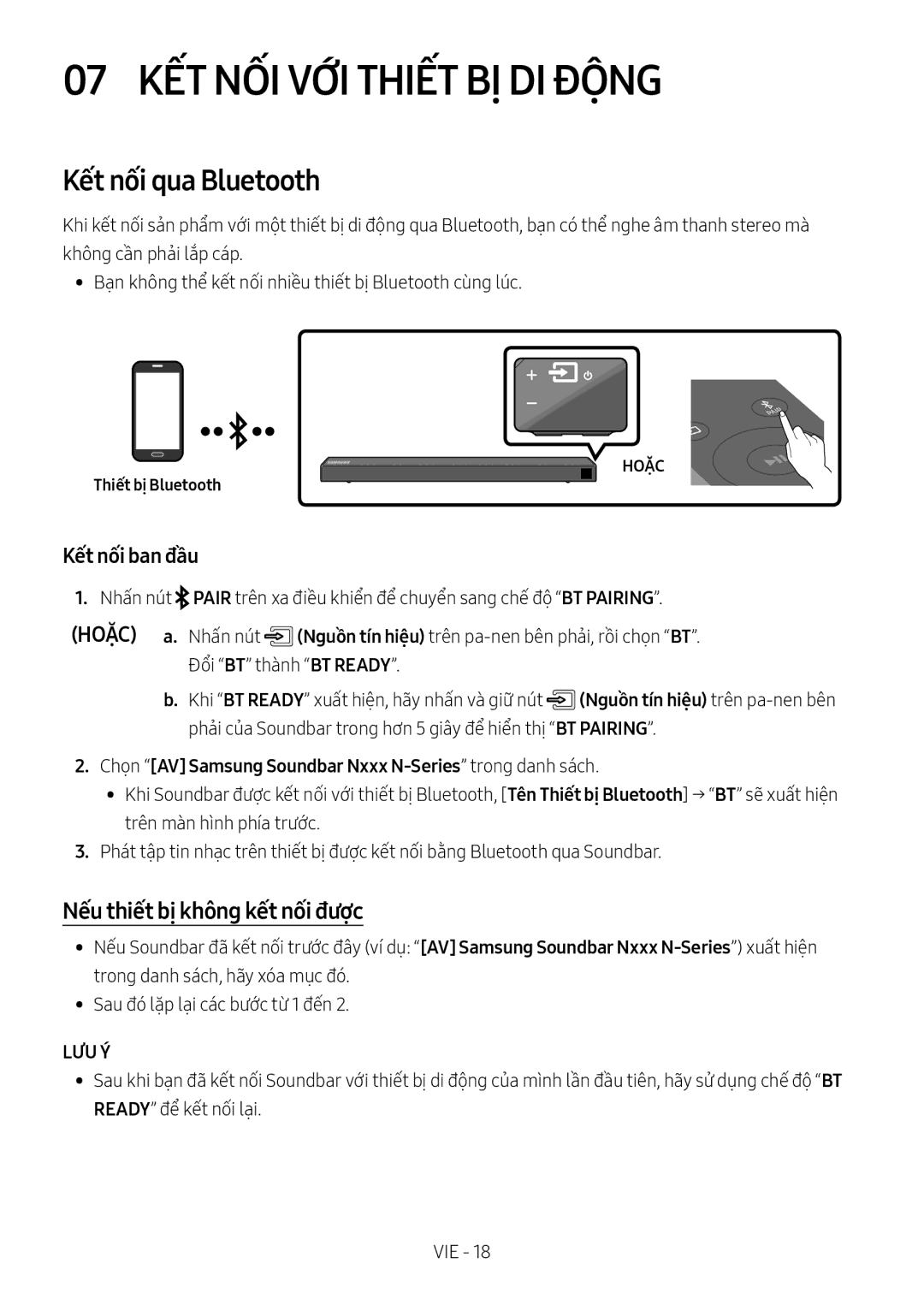 Samsung HW-N450/XV manual 07 KẾT NỐI VỚI Thiết BỊ DI ĐỘ̣NG, Kết nối qua Bluetooth, Nếu thiết bị không kết nối được 