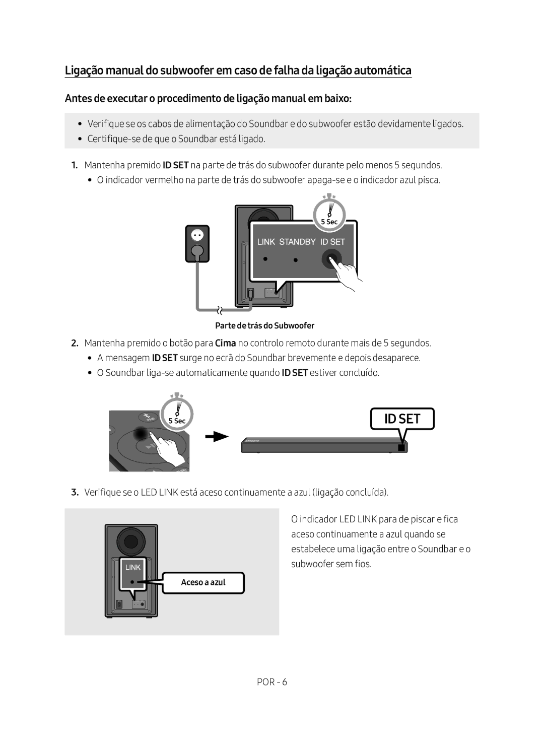 Samsung HW-N450/ZF Antes de executar o procedimento de ligação manual em baixo, Parte de trás do Subwoofer, Aceso a azul 