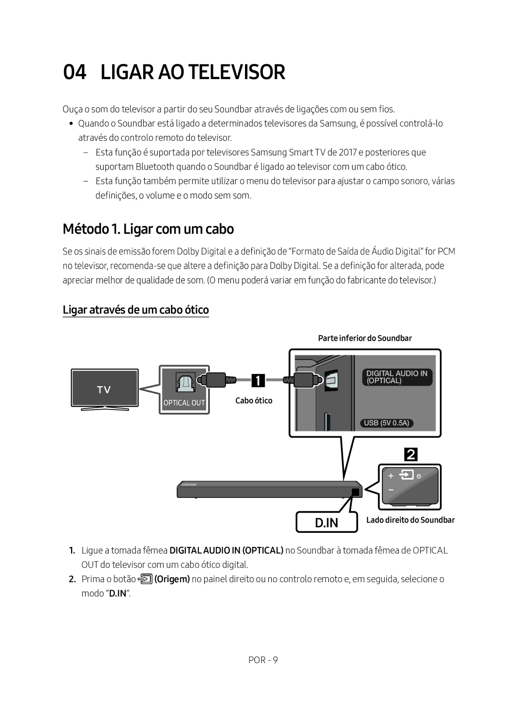 Samsung HW-N450/ZF manual Ligar AO Televisor, Método 1. Ligar com um cabo, Ligar através de um cabo ótico, Cabo ótico 