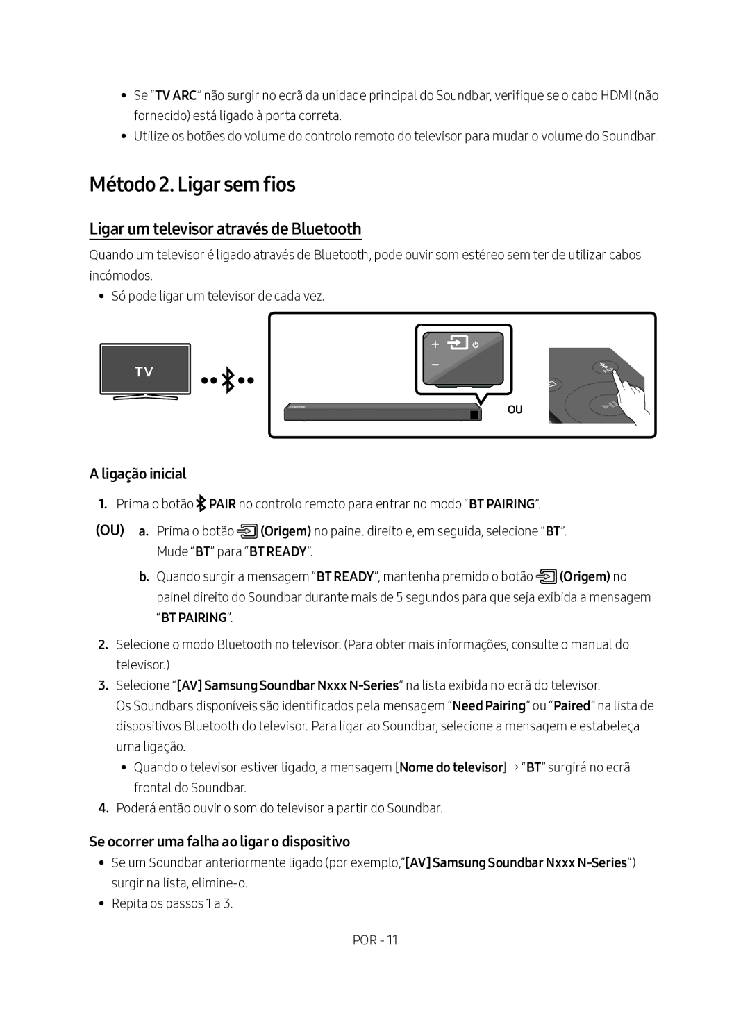 Samsung HW-N450/ZF manual Método 2. Ligar sem fios, Ligar um televisor através de Bluetooth, Ligação inicial 