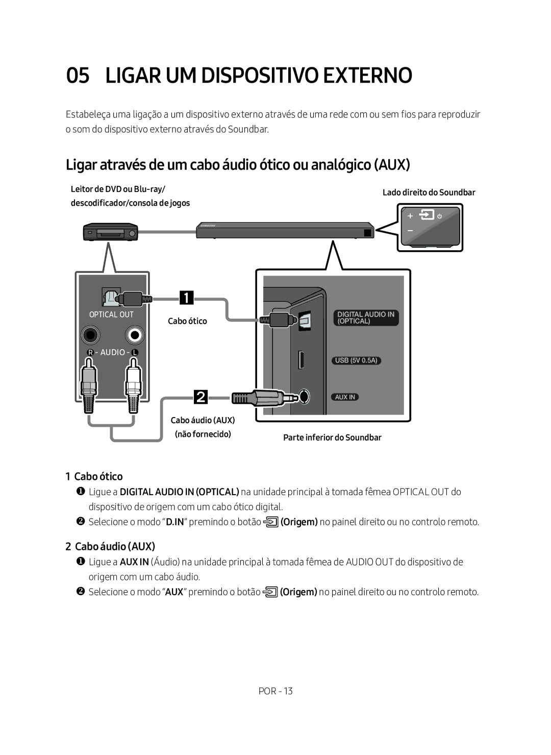 Samsung HW-N450/ZF manual Ligar UM Dispositivo Externo, Ligar através de um cabo áudio ótico ou analógico AUX, Cabo ótico 