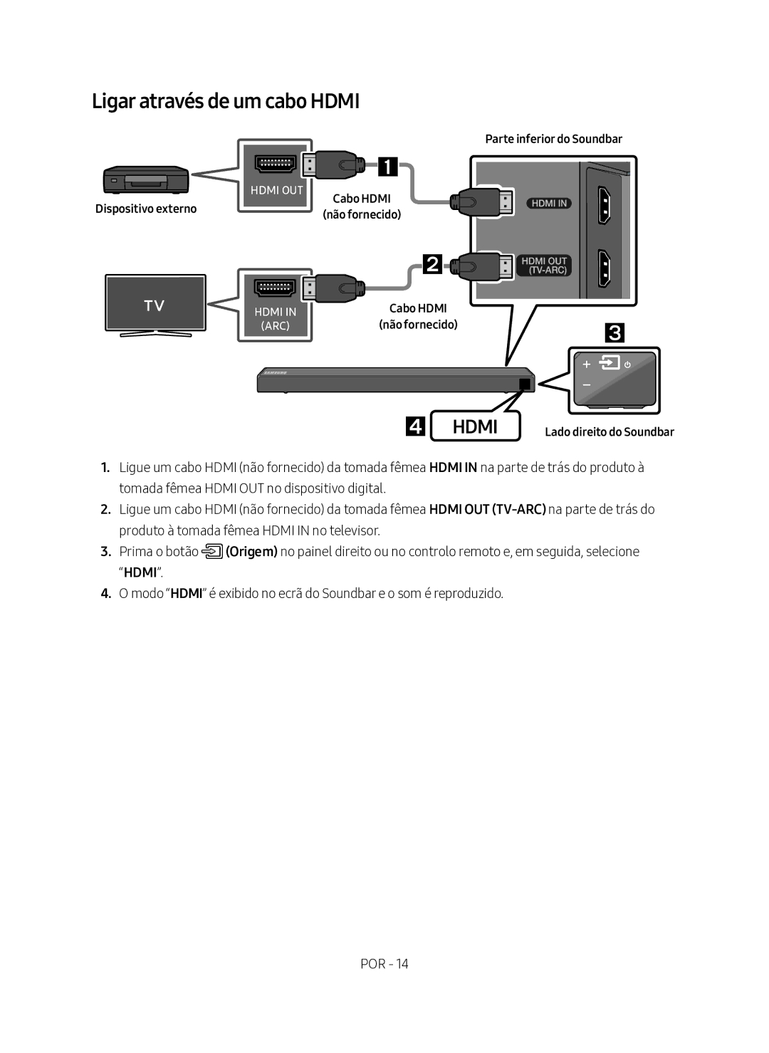 Samsung HW-N450/ZF manual Ligar através de um cabo Hdmi, Dispositivo externo, Cabo Hdmi, Não fornecido 