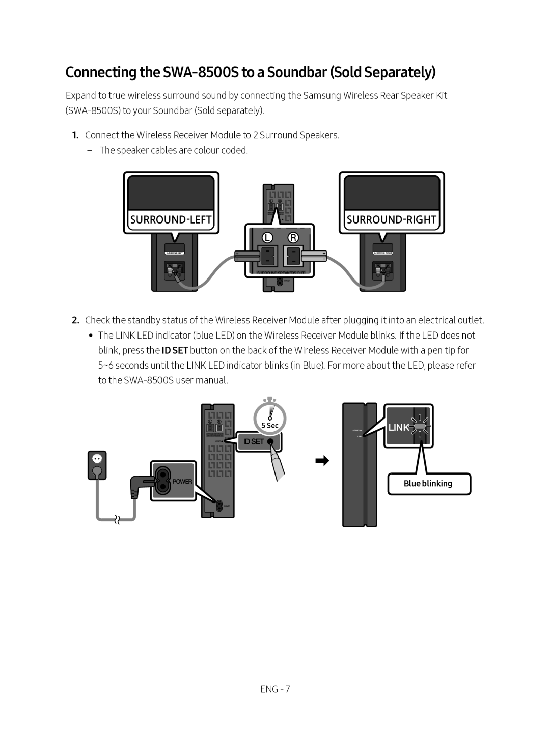 Samsung HW-N450/ZF manual Connecting the SWA-8500S to a Soundbar Sold Separately, Blue blinking 