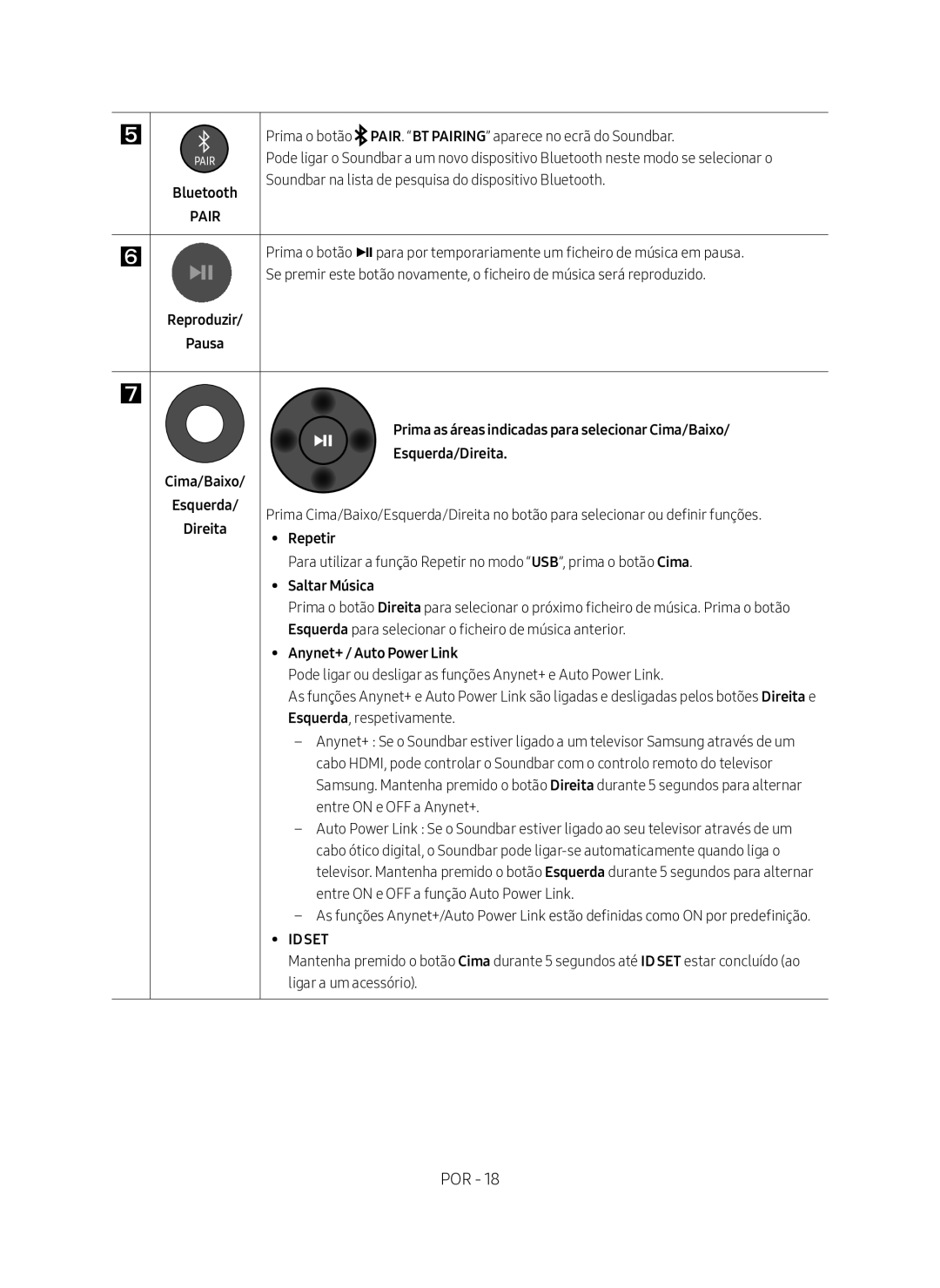 Samsung HW-N450/ZF manual Repetir, Saltar Música, Esquerda para selecionar o ficheiro de música anterior 