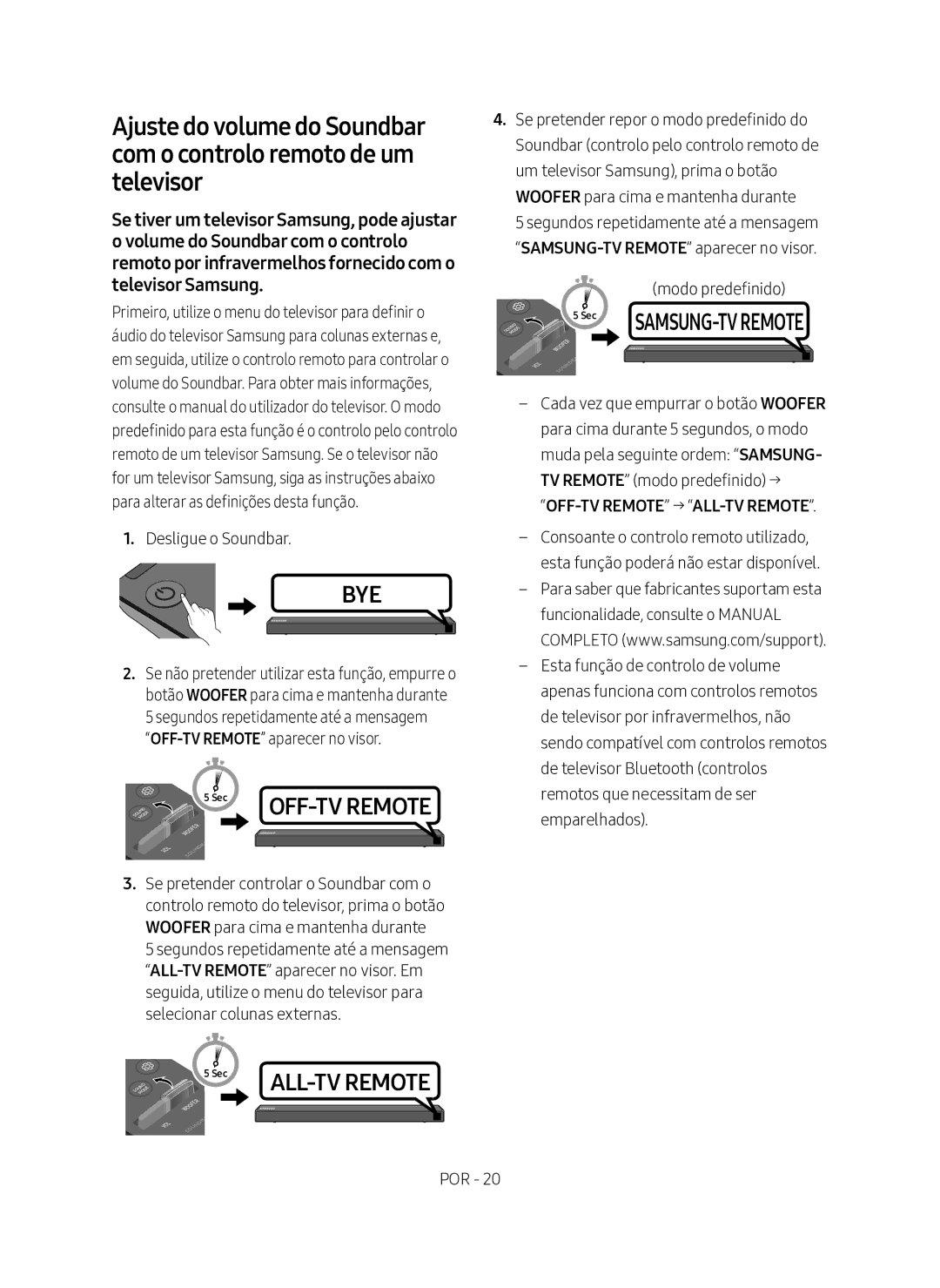 Samsung HW-N450/ZF manual Primeiro, utilize o menu do televisor para definir o, OFF-TV Remote → ALL-TV Remote 