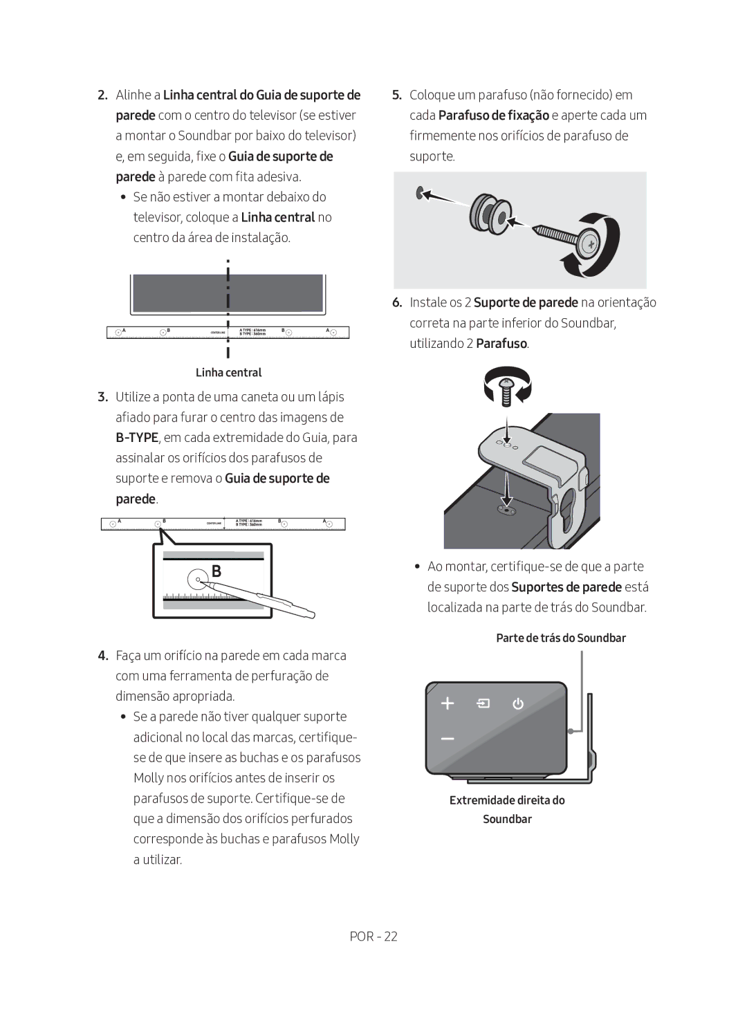 Samsung HW-N450/ZF manual Linha central, Parte de trás do Soundbar Extremidade direita do 