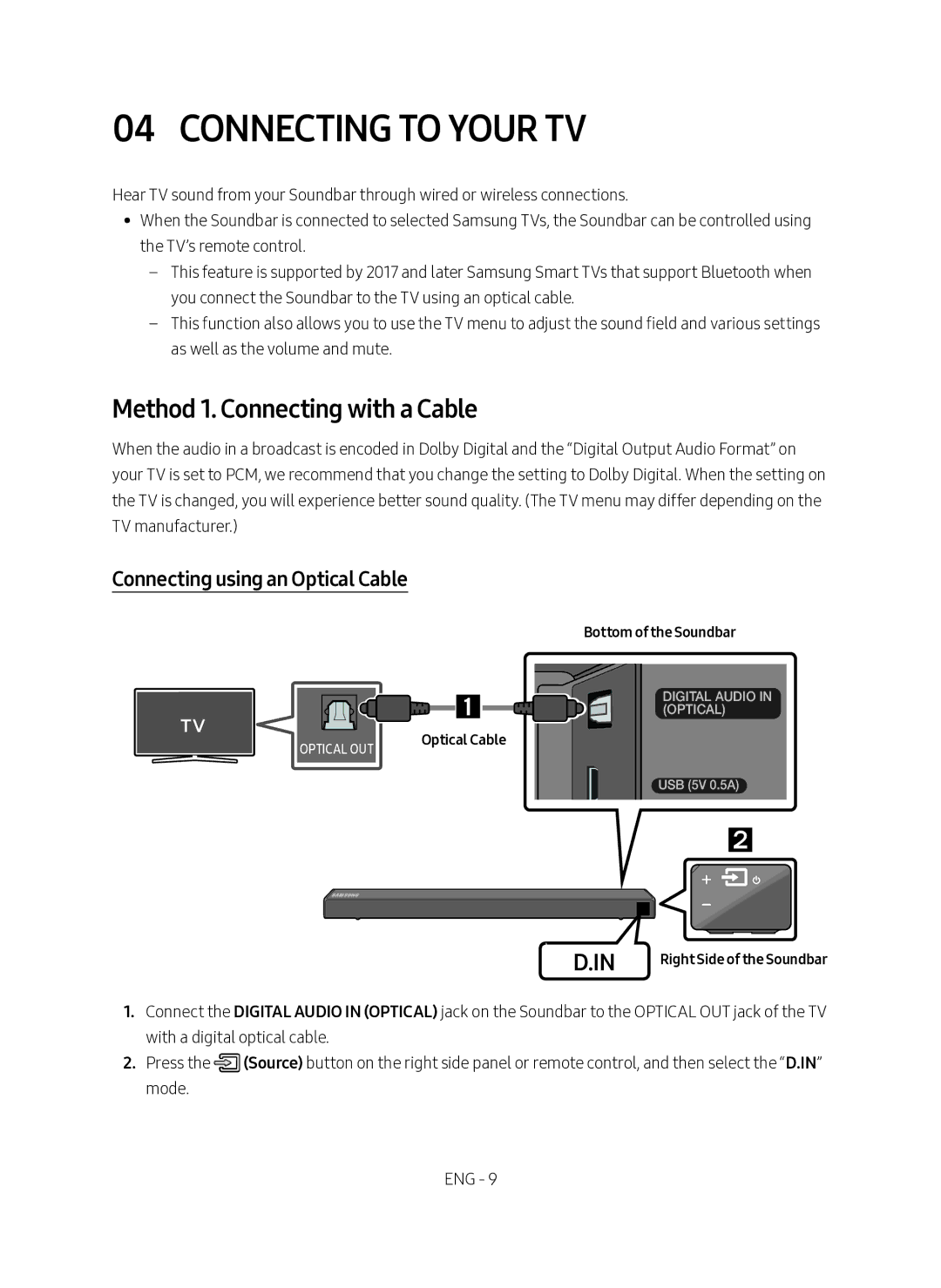 Samsung HW-N450/ZF manual Connecting to Your TV, Method 1. Connecting with a Cable, Connecting using an Optical Cable 