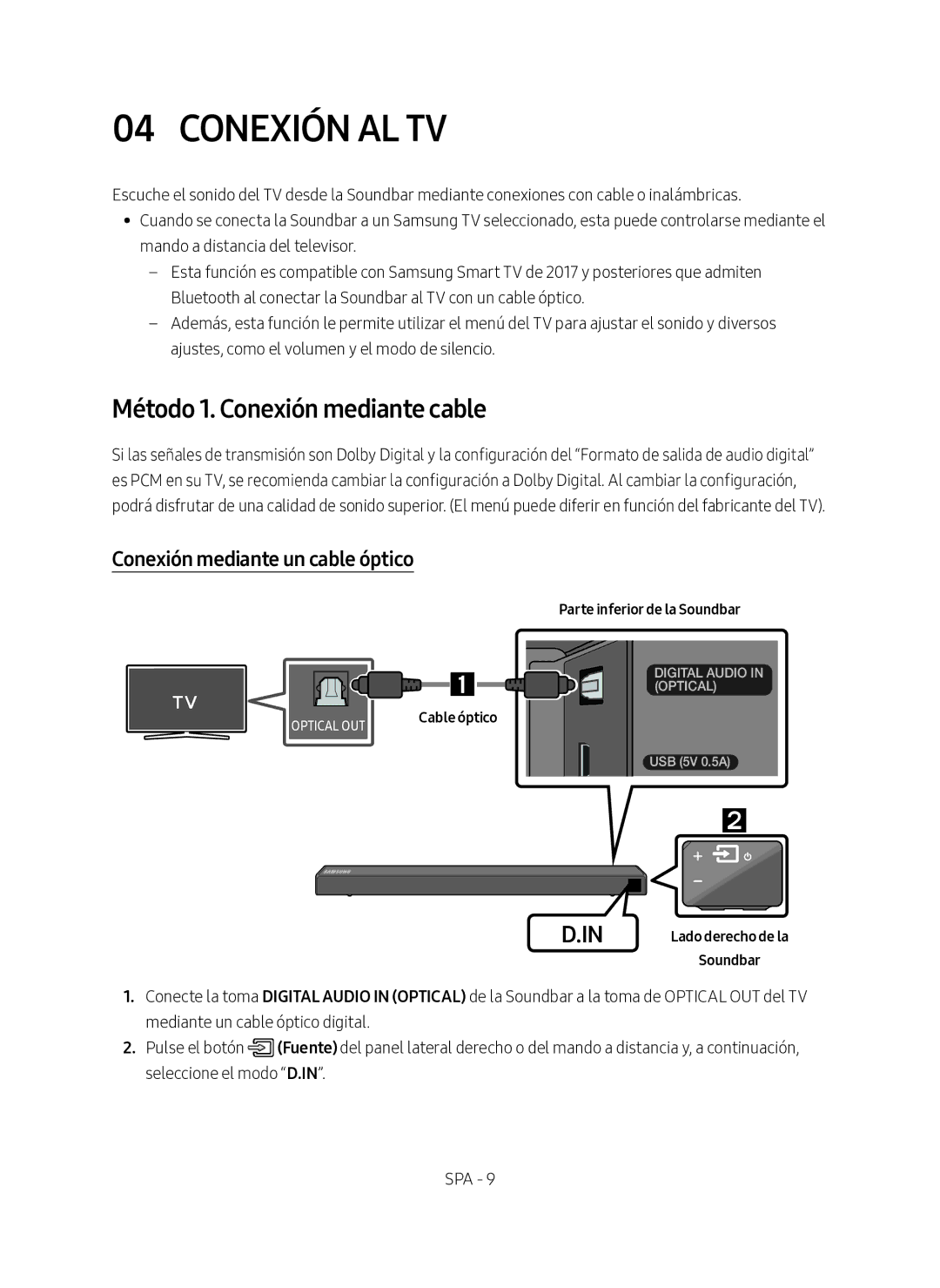 Samsung HW-N450/ZF manual Conexión AL TV, Método 1. Conexión mediante cable, Conexión mediante un cable óptico 