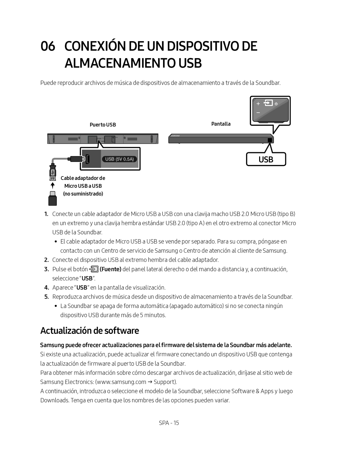 Samsung HW-N450/ZF manual Actualización de software, Puerto USB, Cable adaptador de 