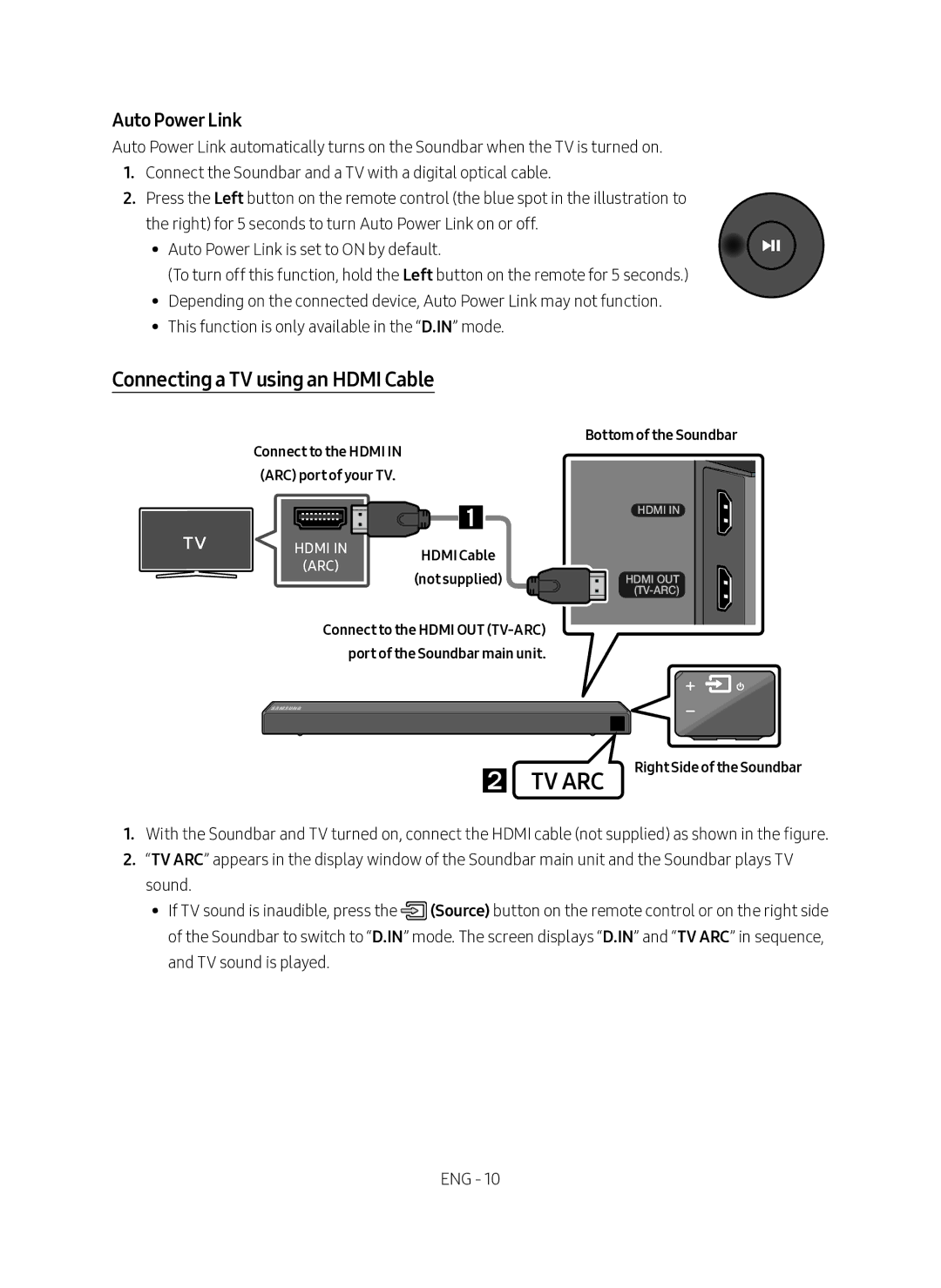 Samsung HW-N450/ZF Connecting a TV using an Hdmi Cable, Auto Power Link, Hdmi Cable Not supplied Bottom of the Soundbar 