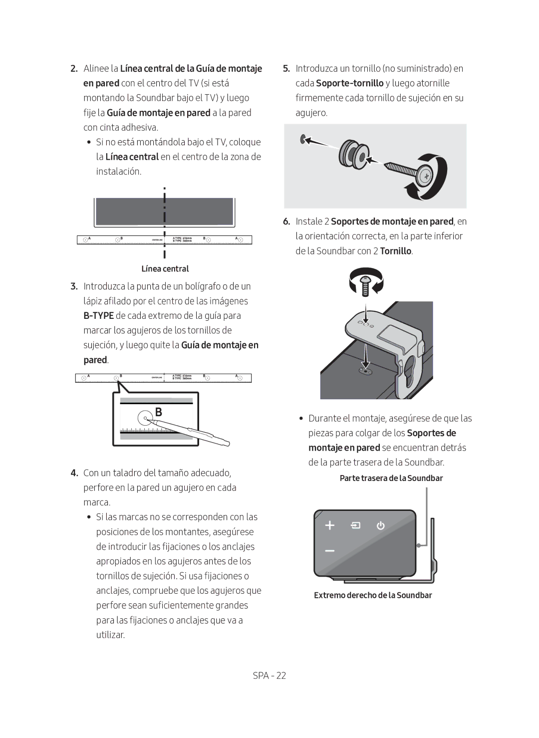 Samsung HW-N450/ZF manual Línea central, Parte trasera de la Soundbar Extremo derecho de la Soundbar 