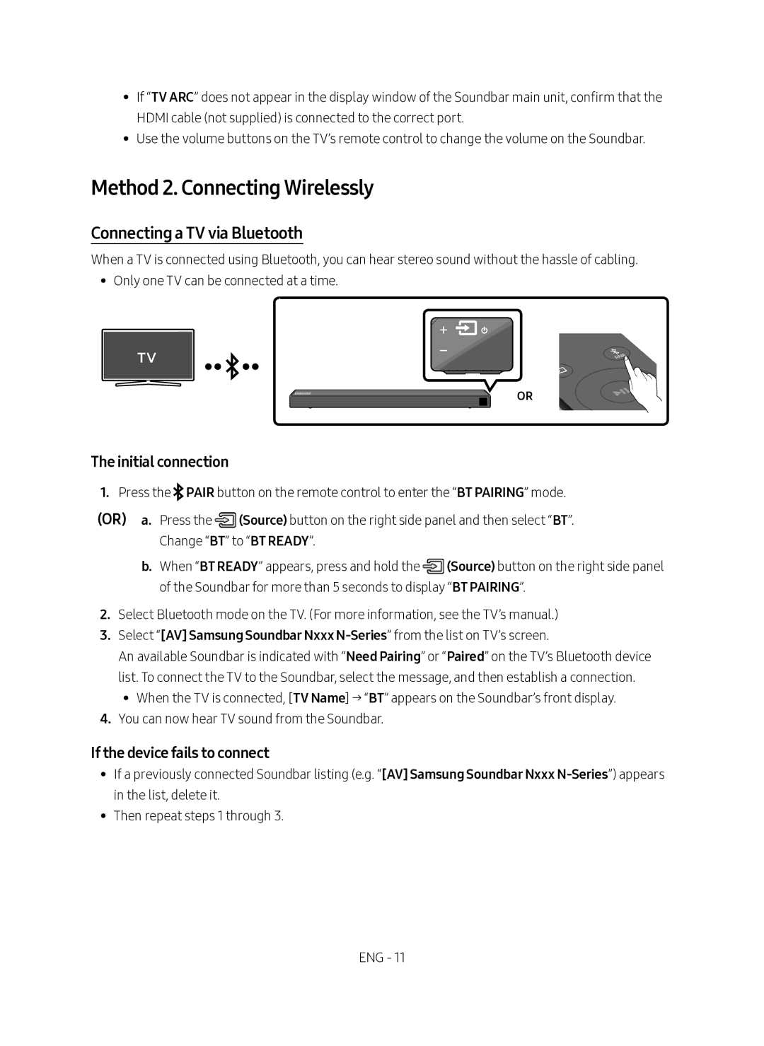 Samsung HW-N450/ZF manual Method 2. Connecting Wirelessly, Connecting a TV via Bluetooth, Initial connection 
