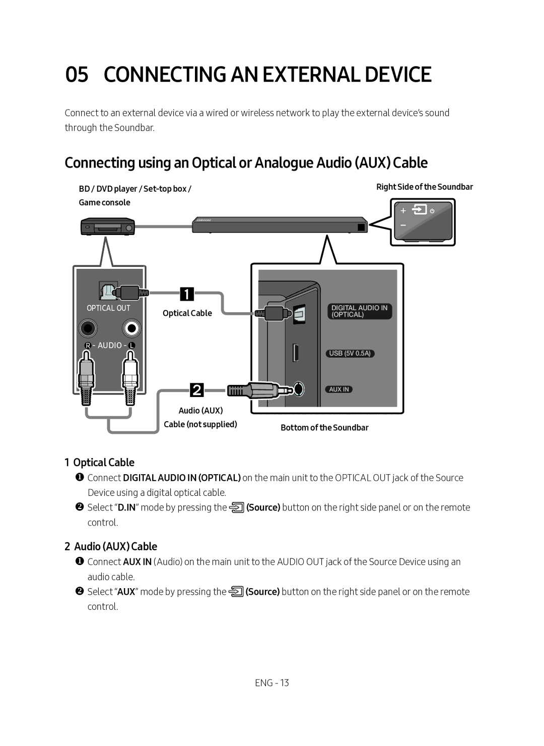 Samsung HW-N450/ZF Connecting AN External Device, Connecting using an Optical or Analogue Audio AUX Cable, Optical Cable 